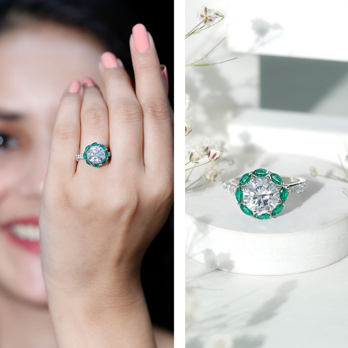 Certified 3 Carat Moissanite Designer Engagement Ring With Emerald