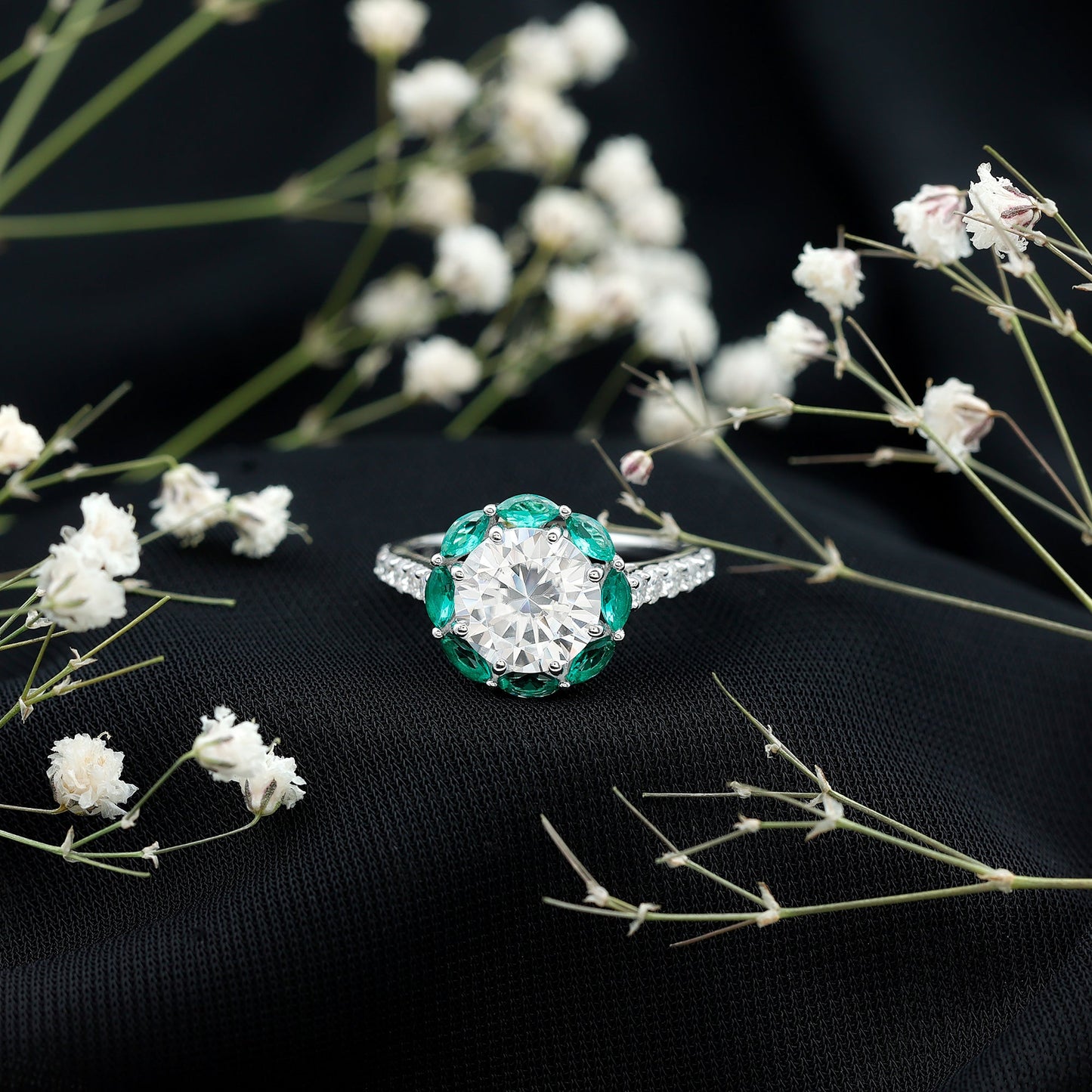 Certified 3 Carat Moissanite Designer Engagement Ring With Emerald