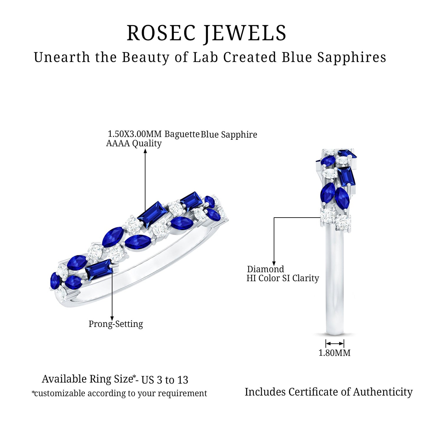 Certified Lab Grown Blue Sapphire Diamond Half Eternity Band Ring