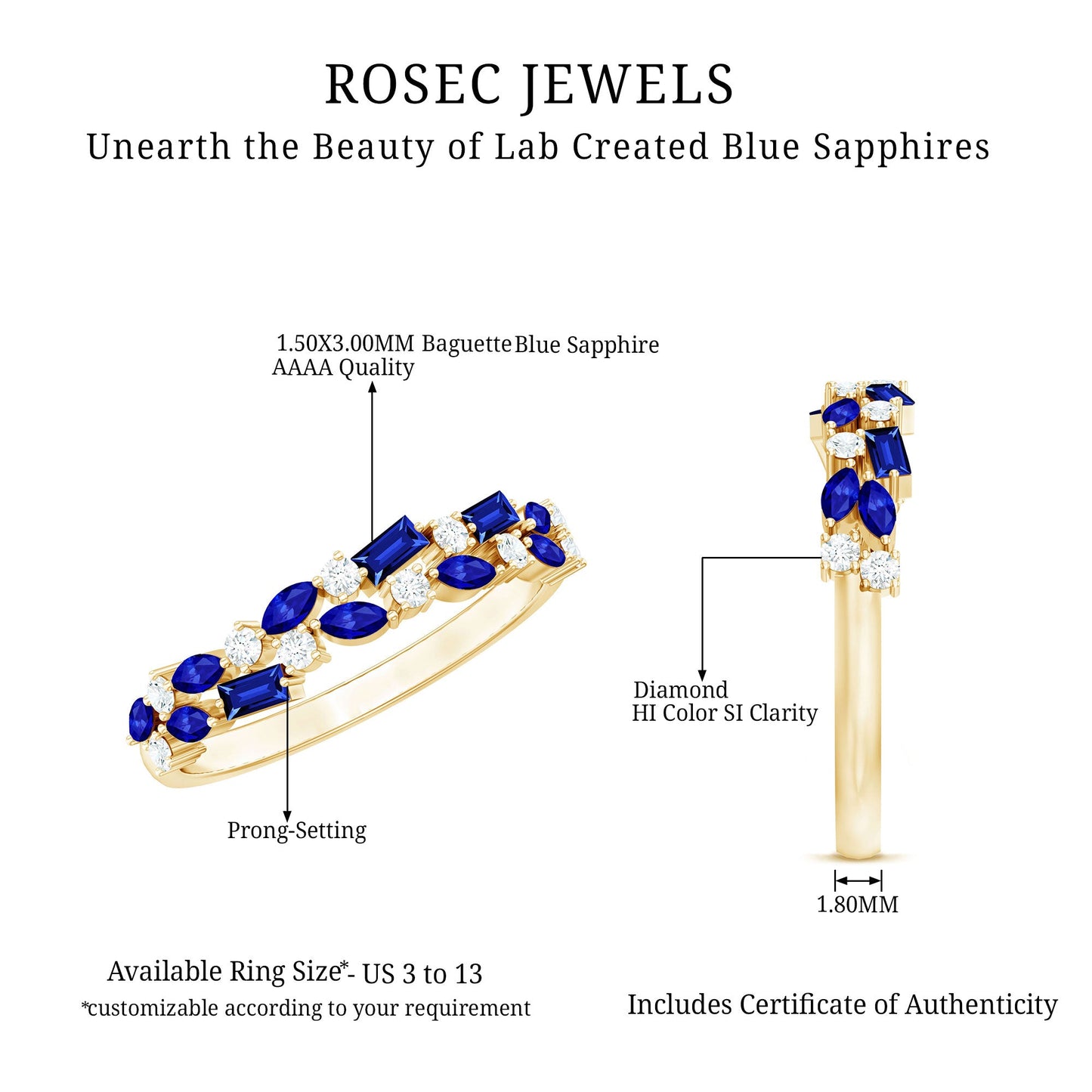 Certified Lab Grown Blue Sapphire Diamond Half Eternity Band Ring