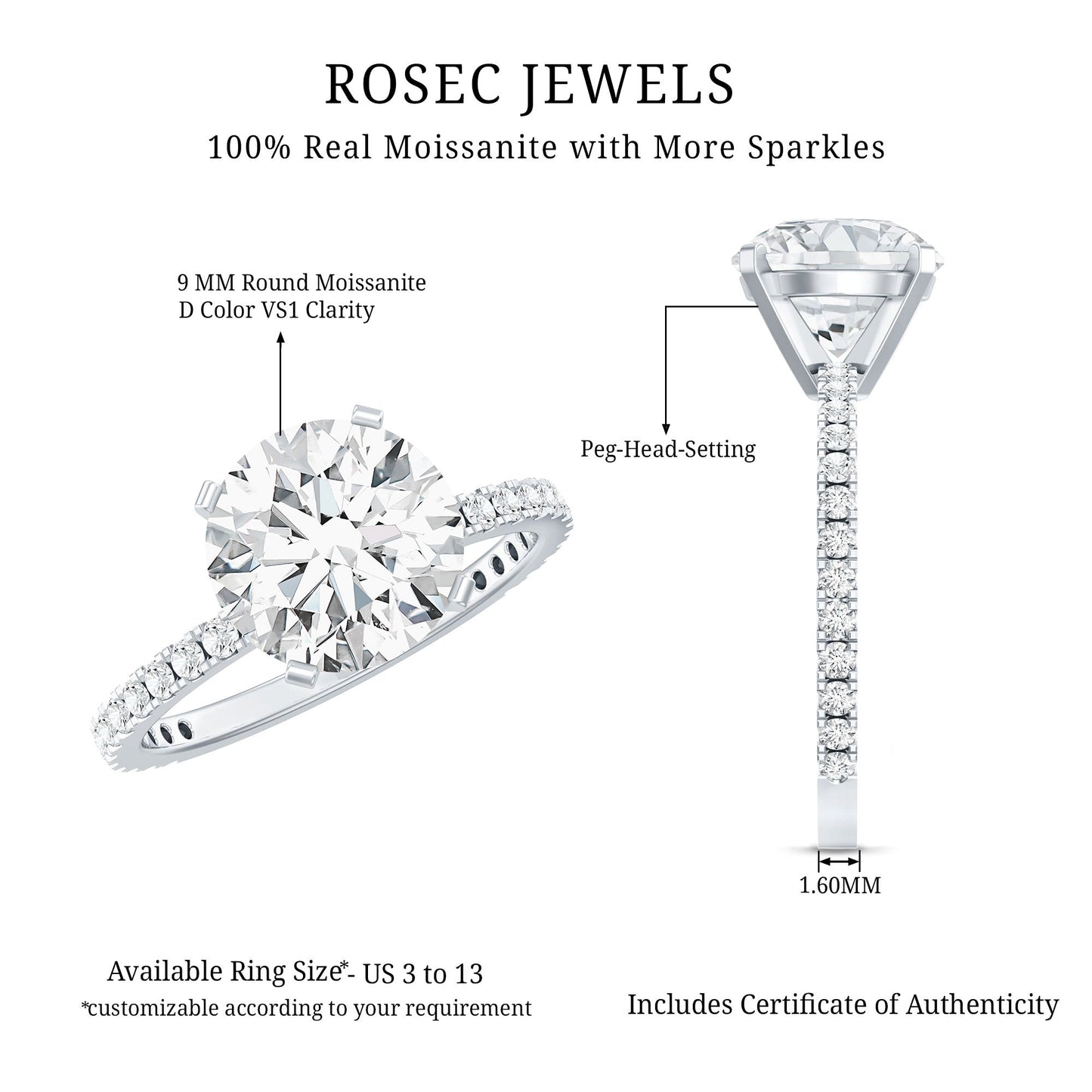 Certified Round Moissanite 4 CT Engagement Ring with Side Stones