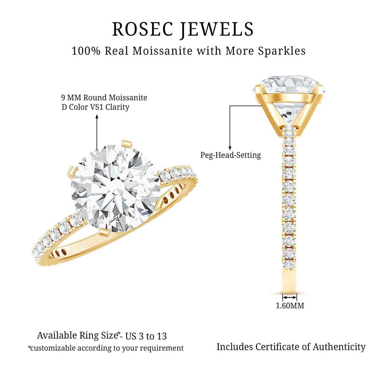 Certified Round Moissanite 4 CT Engagement Ring with Side Stones