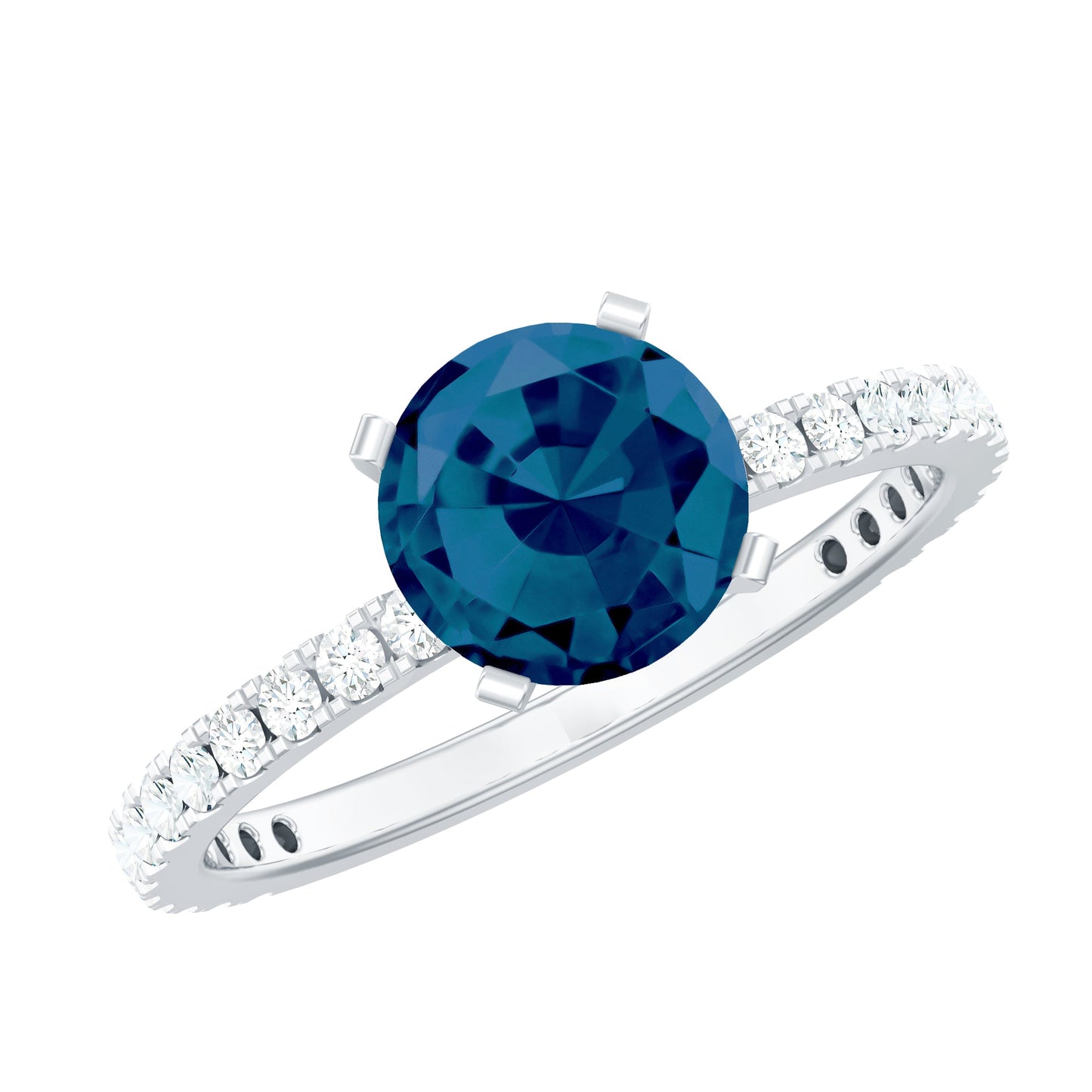 7mm Round London Blue Topaz Solitaire Ring with Diamond Side Stones