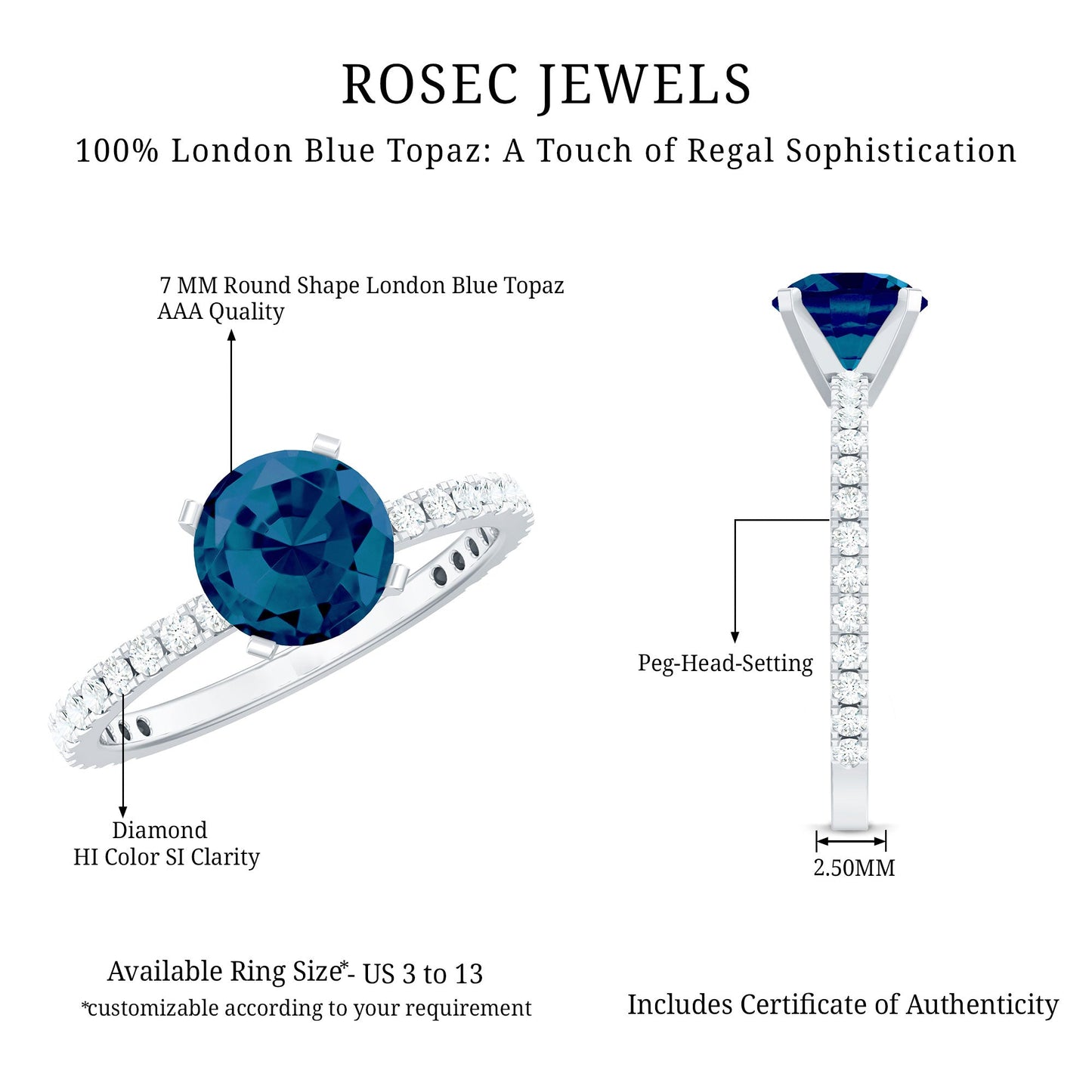 7mm Round London Blue Topaz Solitaire Ring with Diamond Side Stones