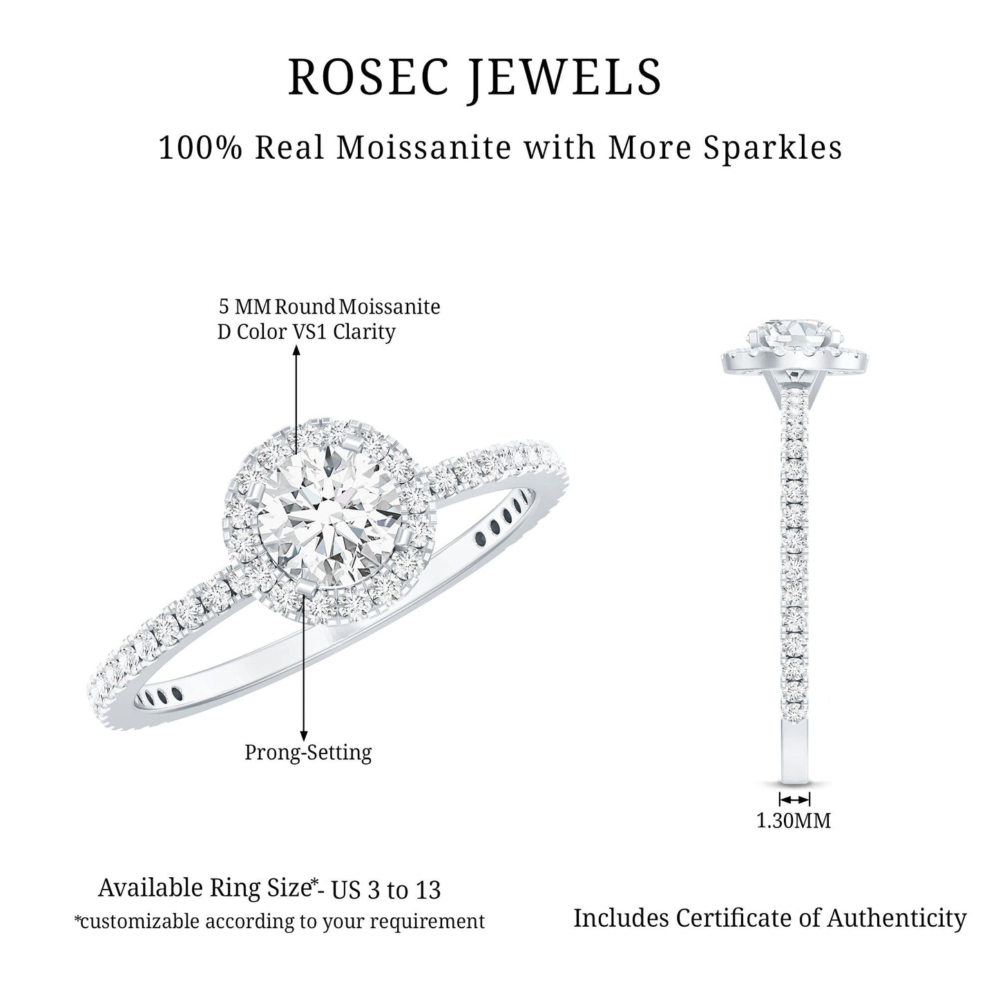 1.25 CT Moissanite Classic Halo Engagement Ring