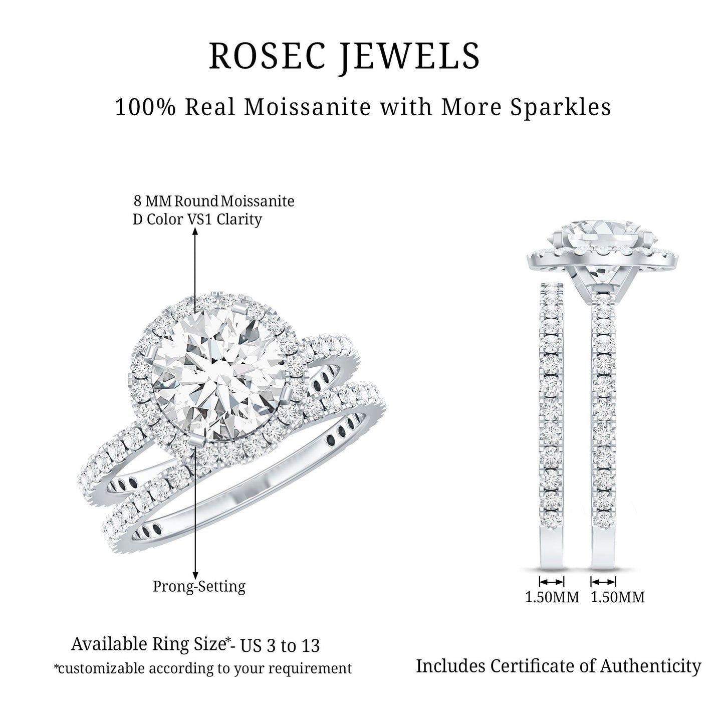 8 MM Round Shape Moissanite Halo Wedding Ring Set