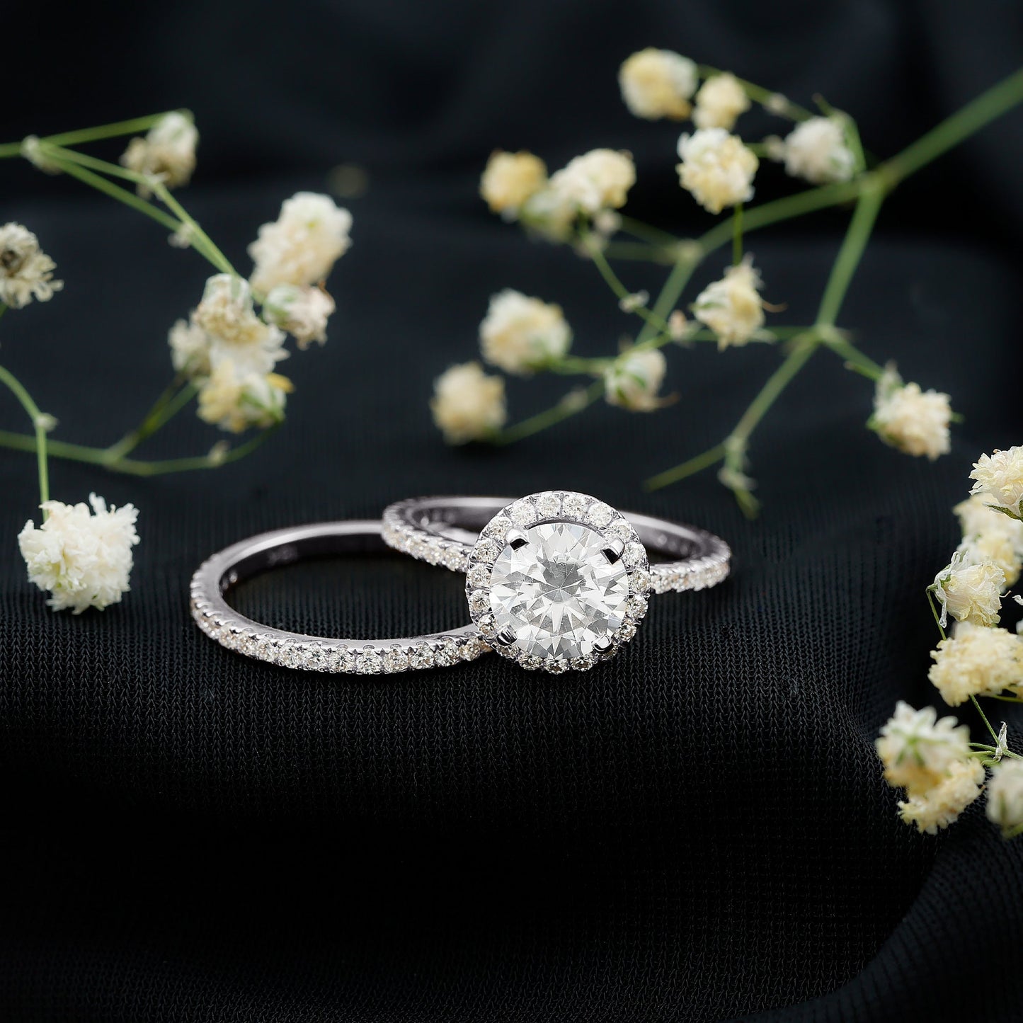 8 MM Round Shape Moissanite Halo Wedding Ring Set
