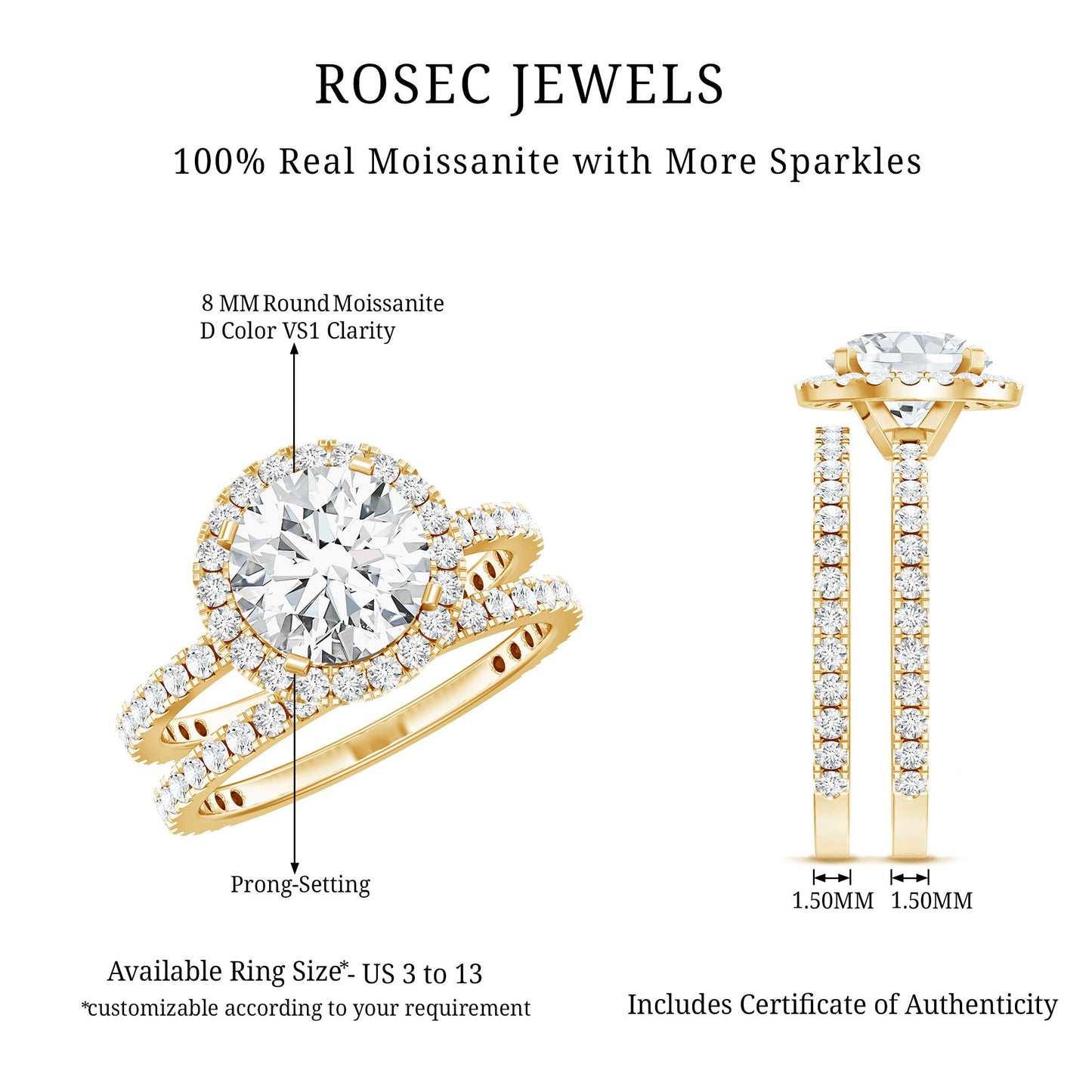 8 MM Round Shape Moissanite Halo Wedding Ring Set