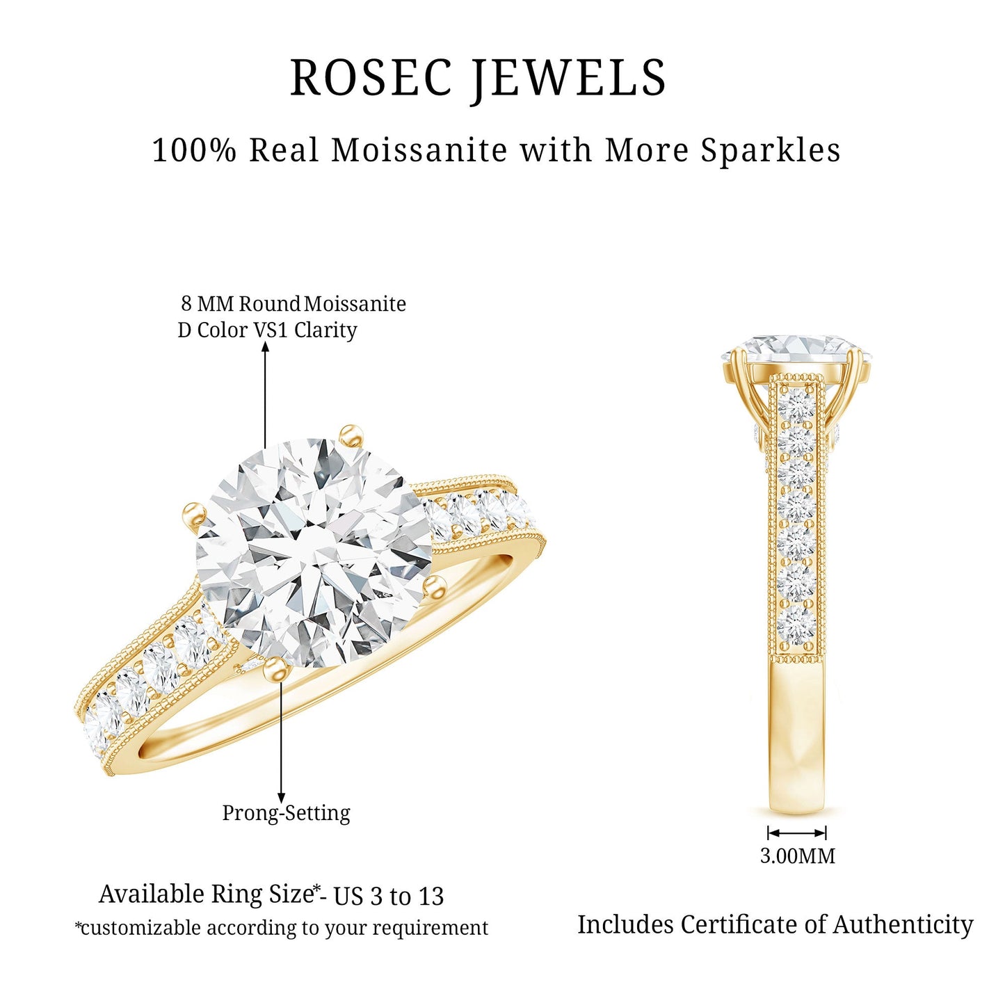 Certified 8 MM Moissanite Solitaire Engagement Ring With Side Stones