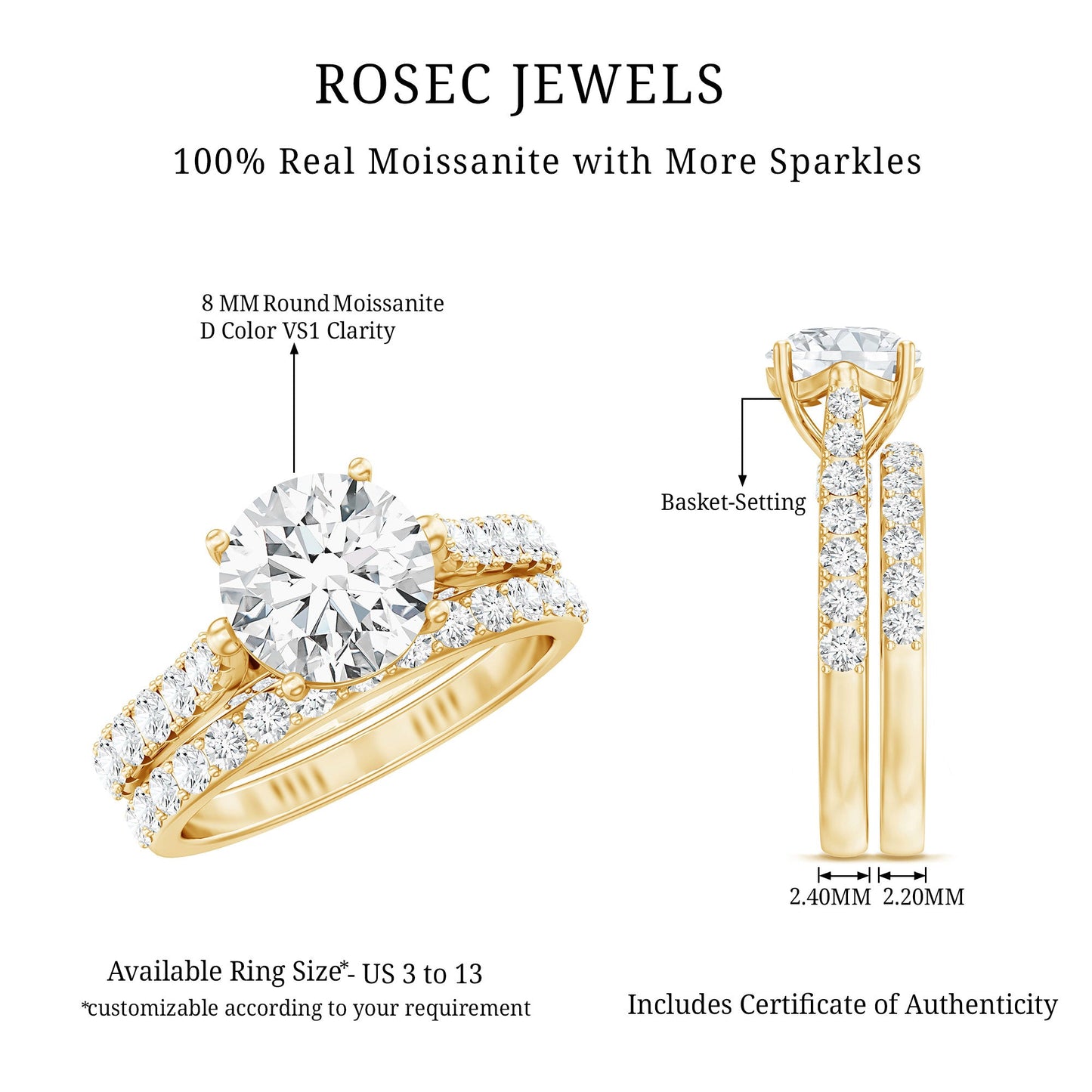 4 CT Moissanite Solitaire Engagement Ring Set With Eternity Band