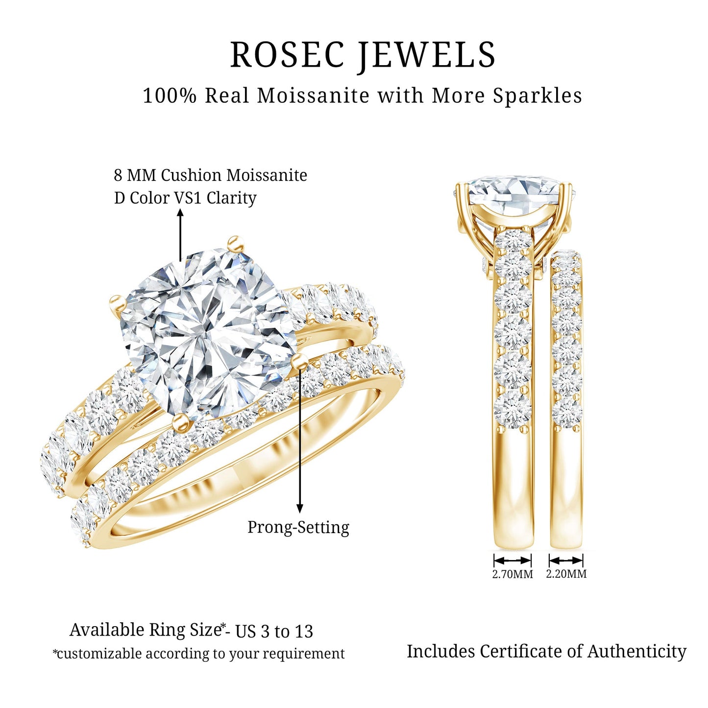 4 CT Prong Set Moissanite Solitaire Engagement Ring with Wedding Band