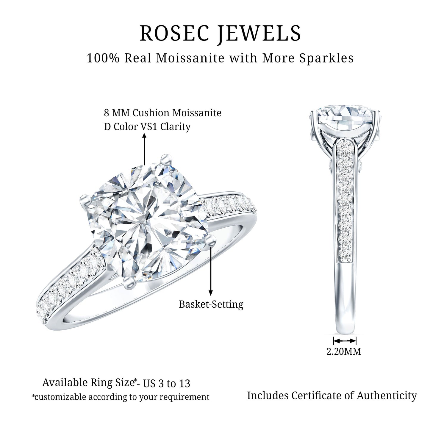 8 MM Cushion Moissanite Cathedral Engagement Ring