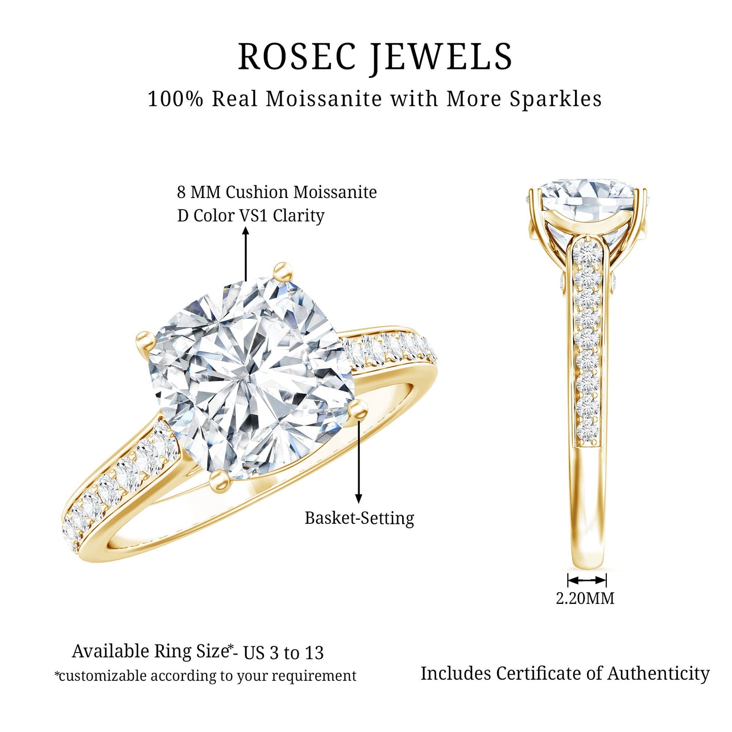 8 MM Cushion Moissanite Cathedral Engagement Ring