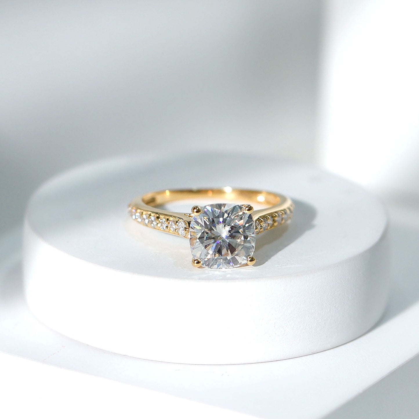 8 MM Cushion Moissanite Cathedral Engagement Ring