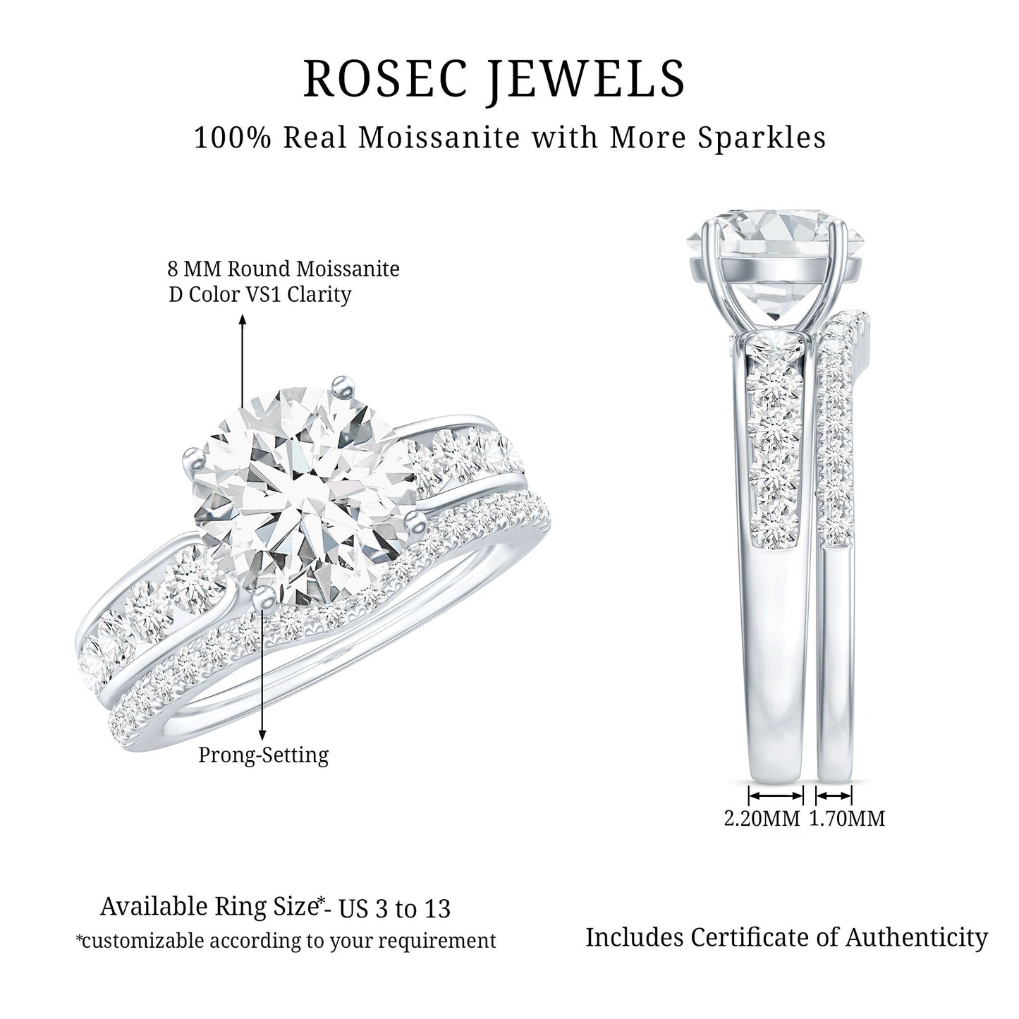 Certified 8 MM Moissanite Engagement Ring with Wedding Band