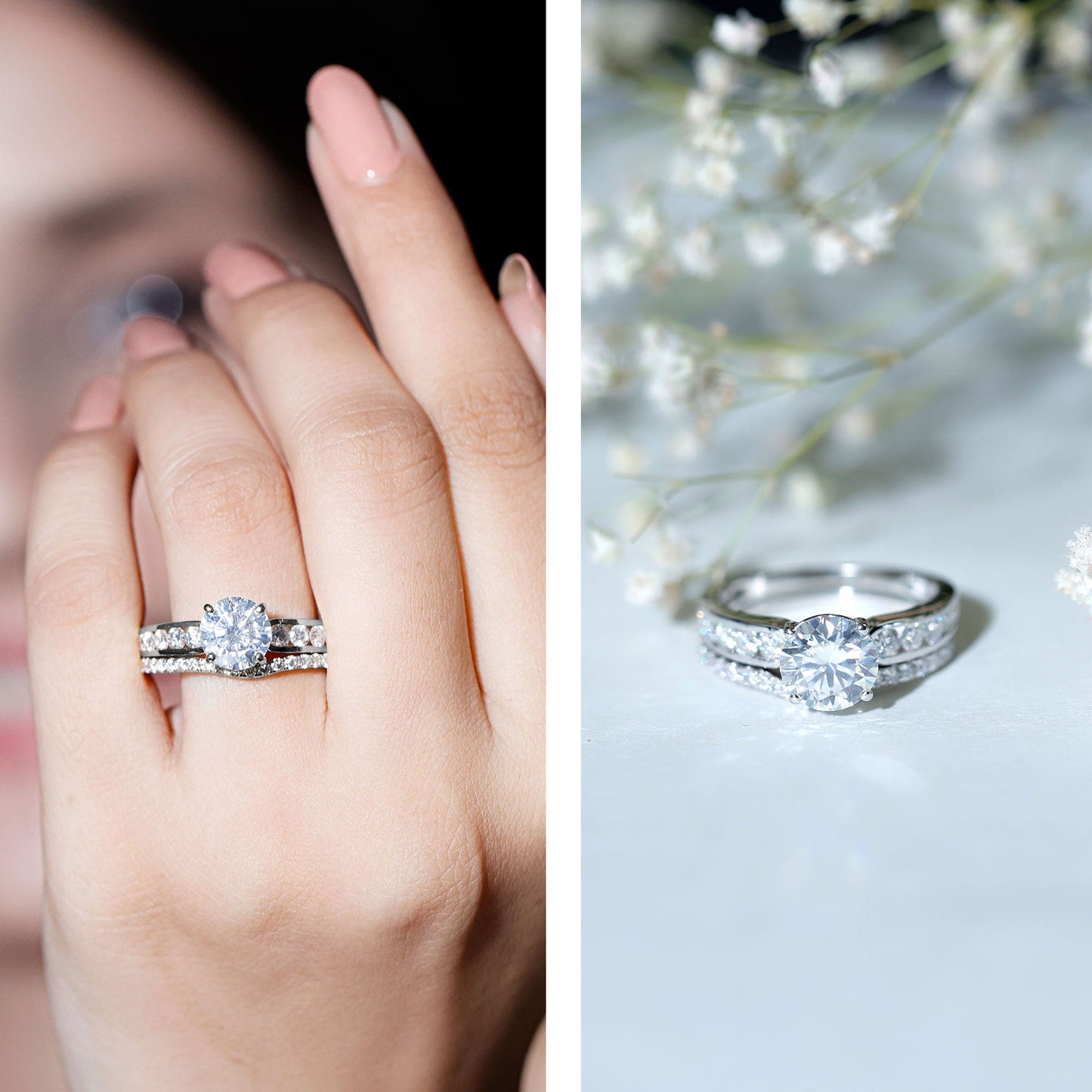 Certified 8 MM Moissanite Engagement Ring with Wedding Band