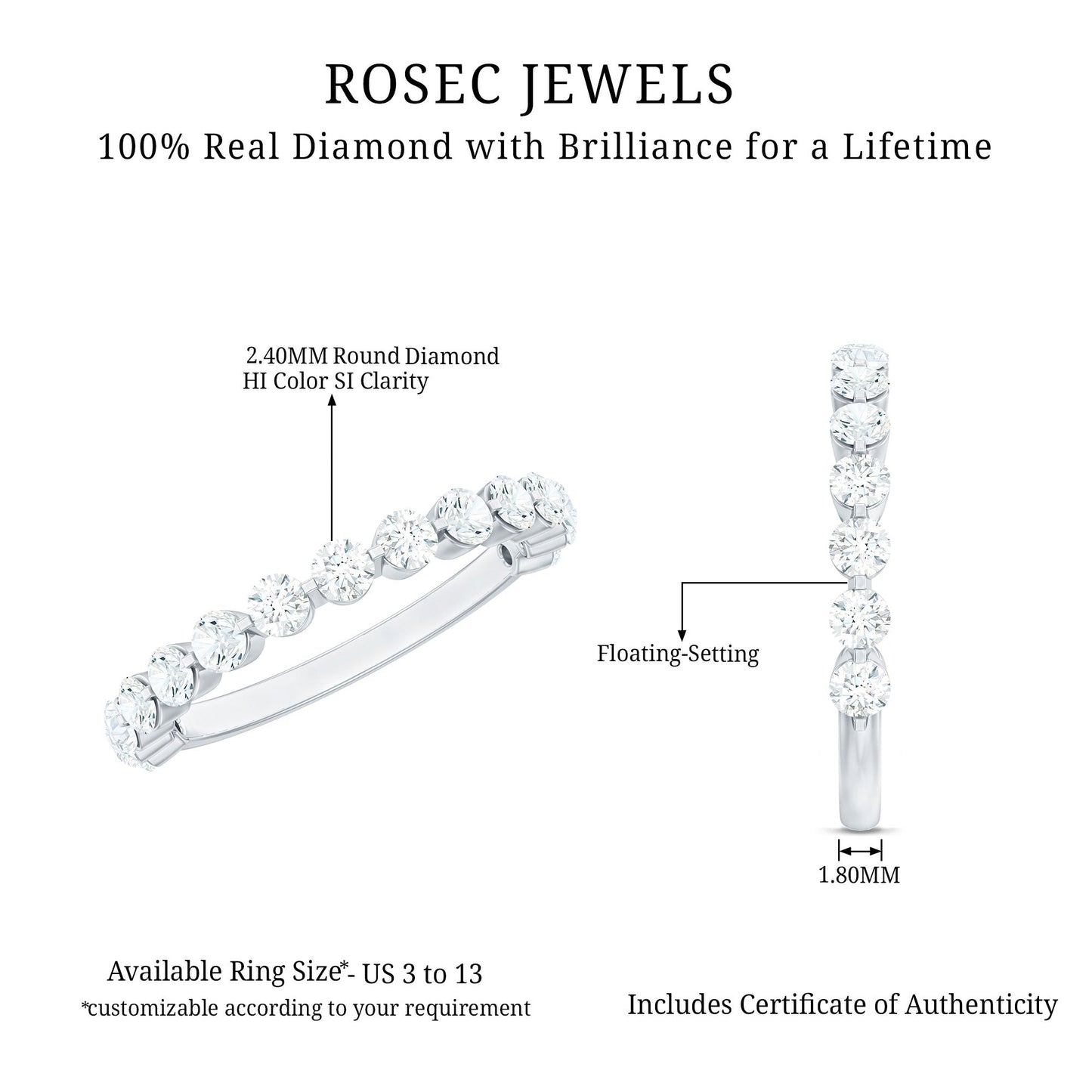 Round Shape Floating Diamond Half Eternity Ring