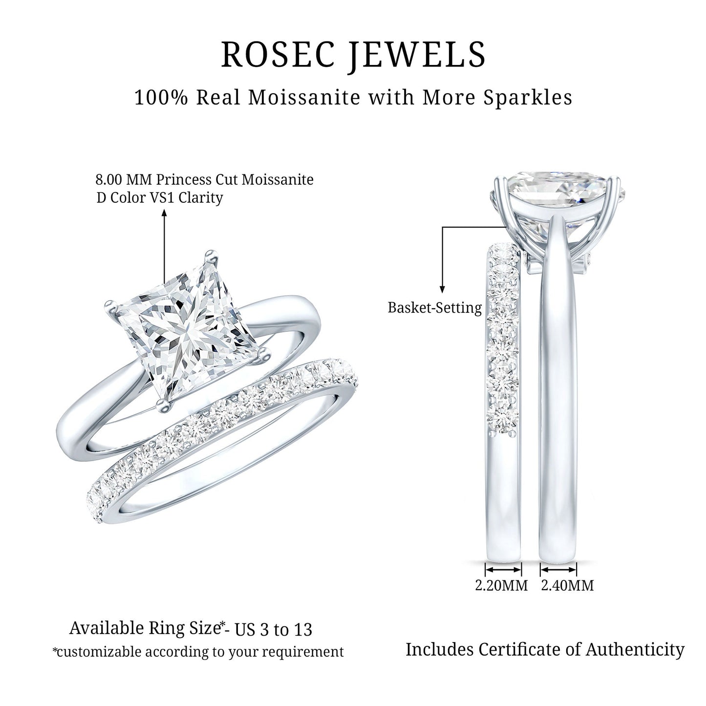 Certified Princess Cut Moissanite Solitaire Engagement Ring with Wedding Band