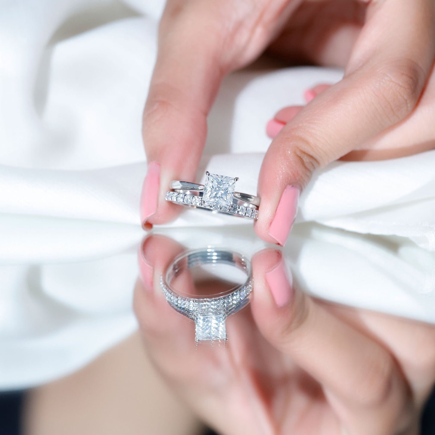Certified Princess Cut Moissanite Solitaire Engagement Ring with Wedding Band