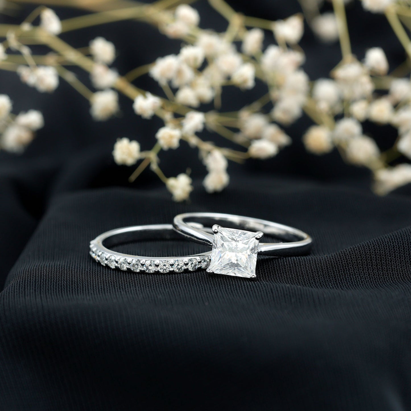 Certified Princess Cut Moissanite Solitaire Engagement Ring with Wedding Band