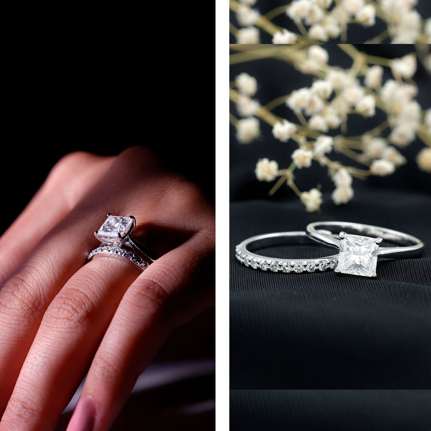 Certified Princess Cut Moissanite Solitaire Engagement Ring with Wedding Band
