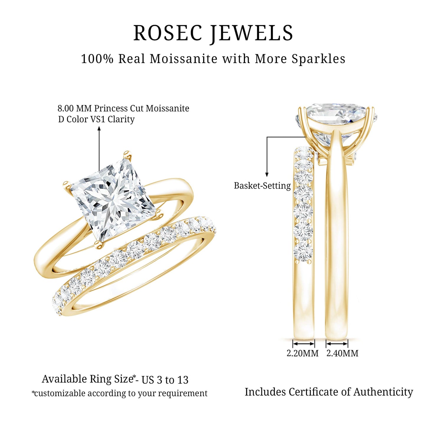 Certified Princess Cut Moissanite Solitaire Engagement Ring with Wedding Band