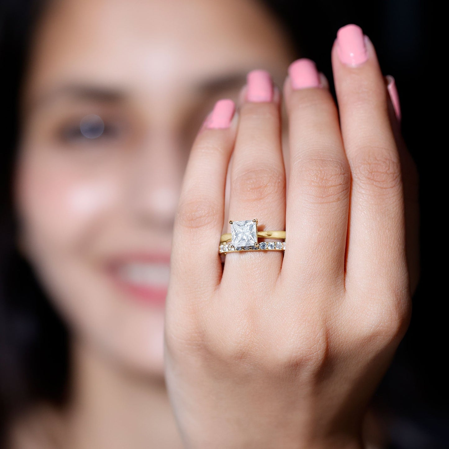 Certified Princess Cut Moissanite Solitaire Engagement Ring with Wedding Band