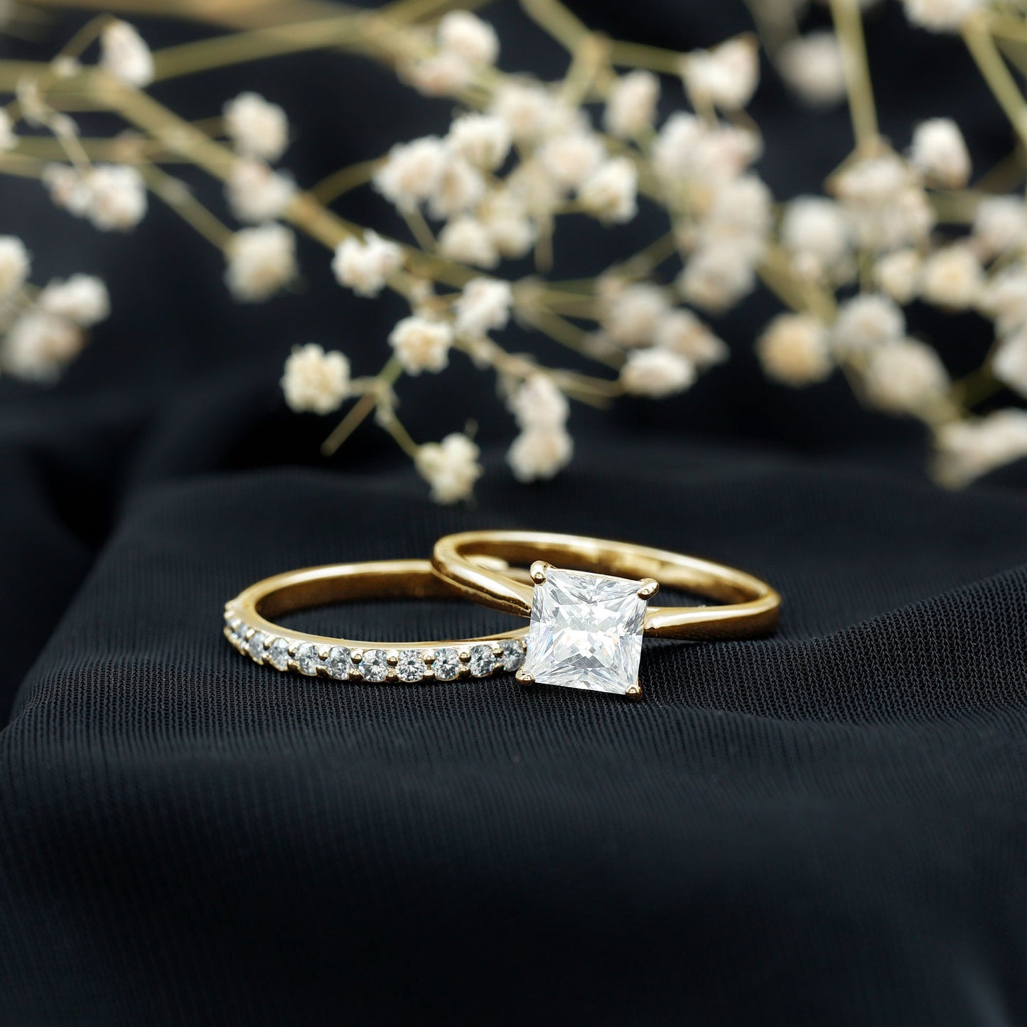 Certified Princess Cut Moissanite Solitaire Engagement Ring with Wedding Band