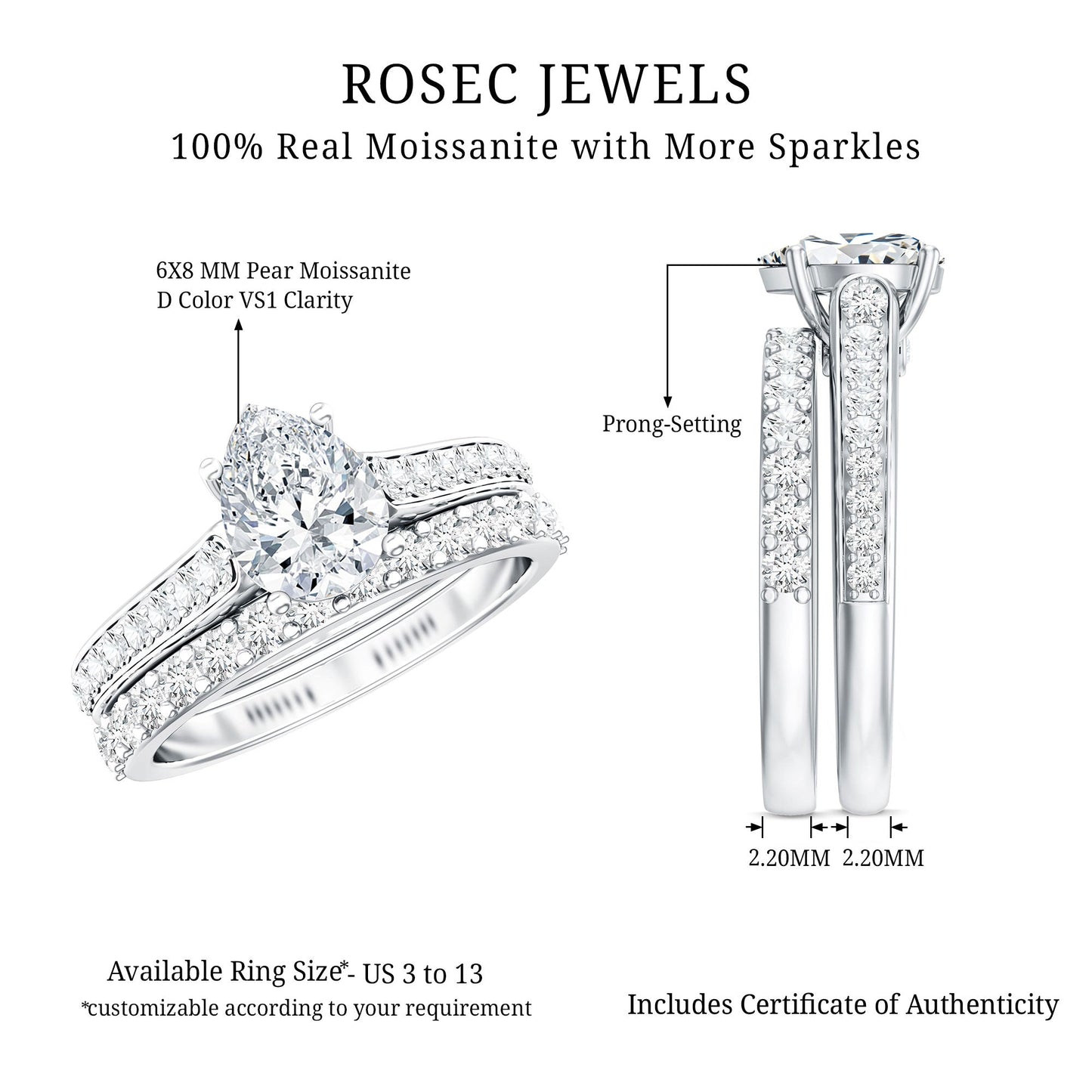 Certified Moissanite Pear Shaped Engagement Ring with Wedding Band
