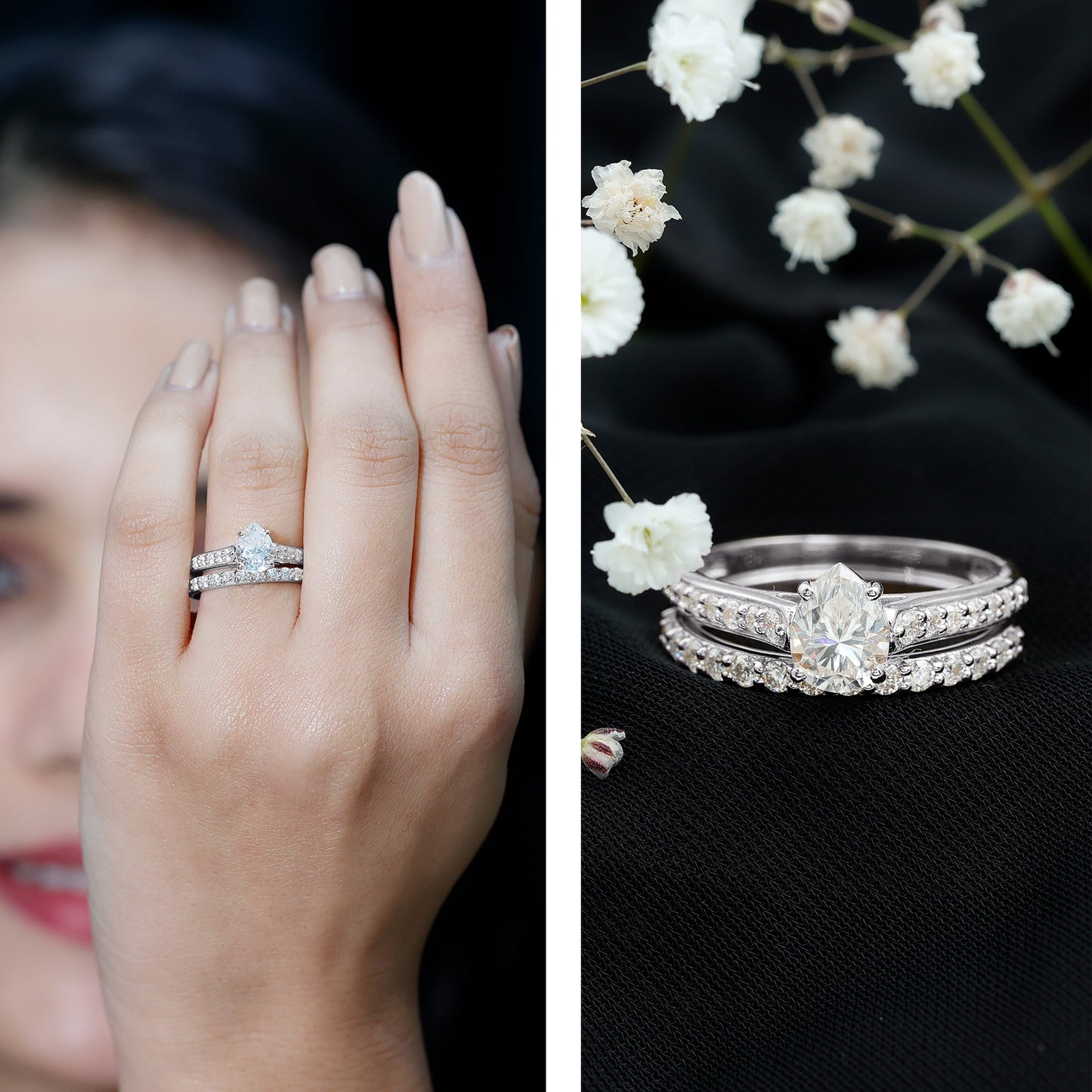 Certified Moissanite Pear Shaped Engagement Ring with Wedding Band