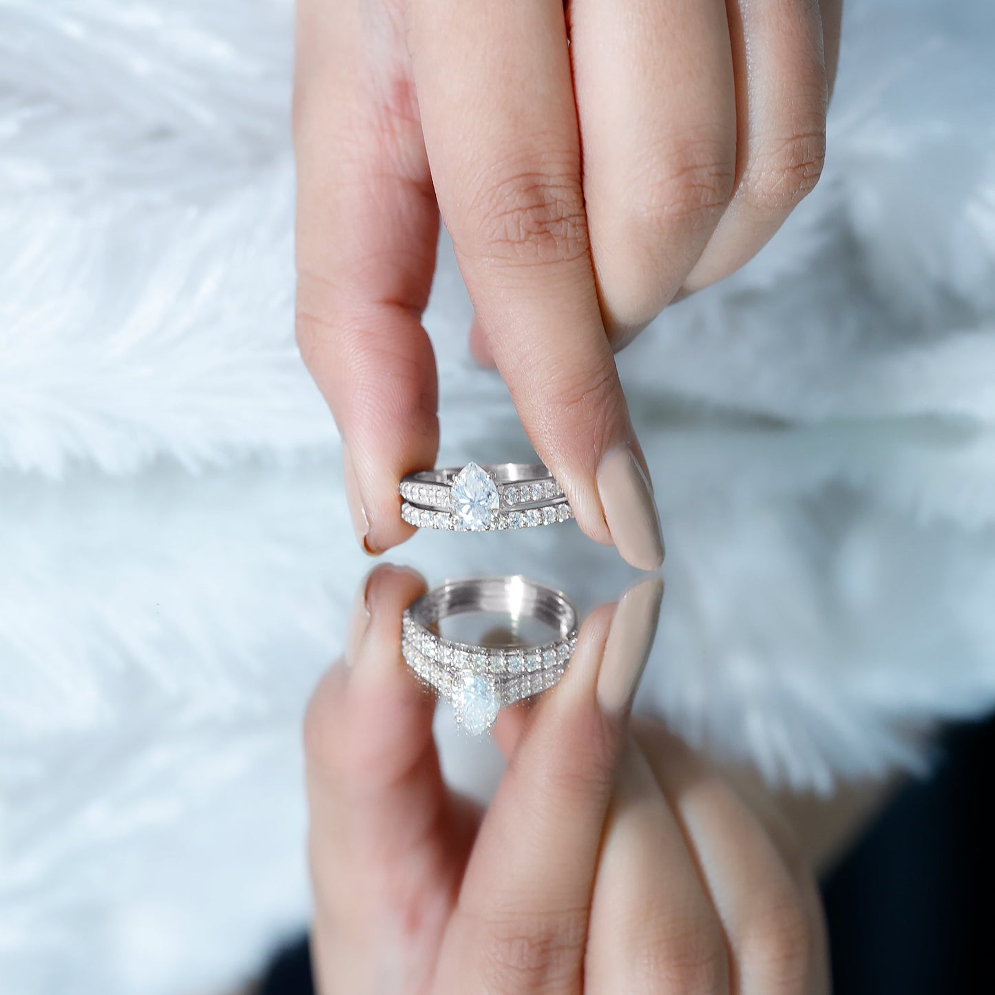 Certified Moissanite Pear Shaped Engagement Ring with Wedding Band