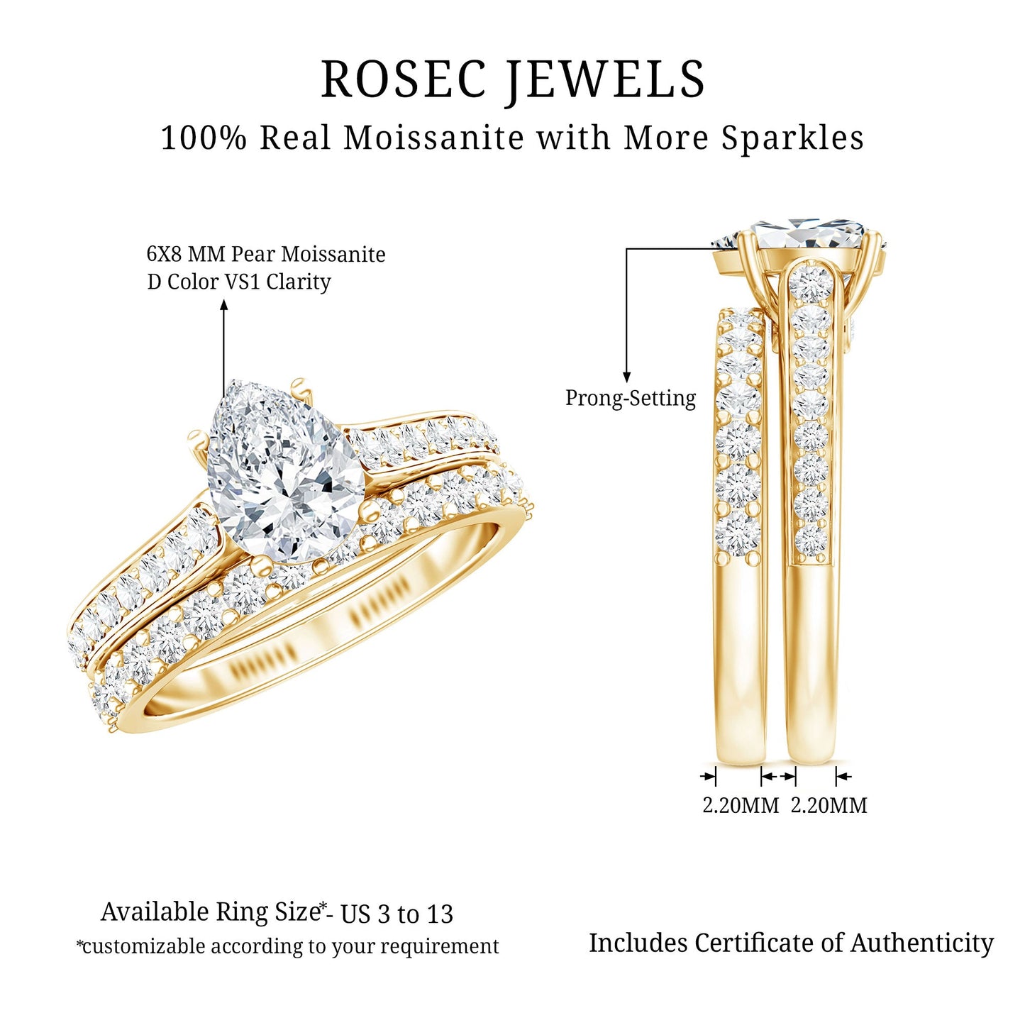 Certified Moissanite Pear Shaped Engagement Ring with Wedding Band