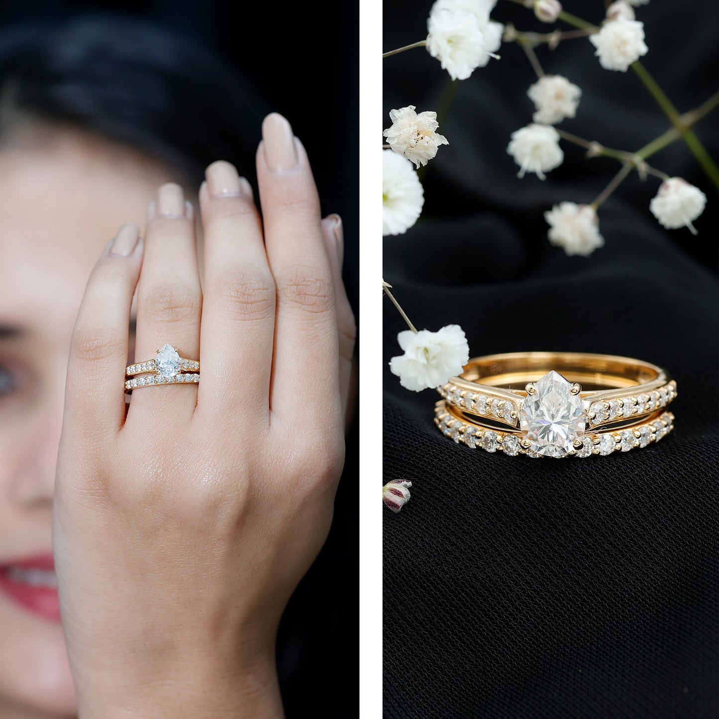 Certified Moissanite Pear Shaped Engagement Ring with Wedding Band