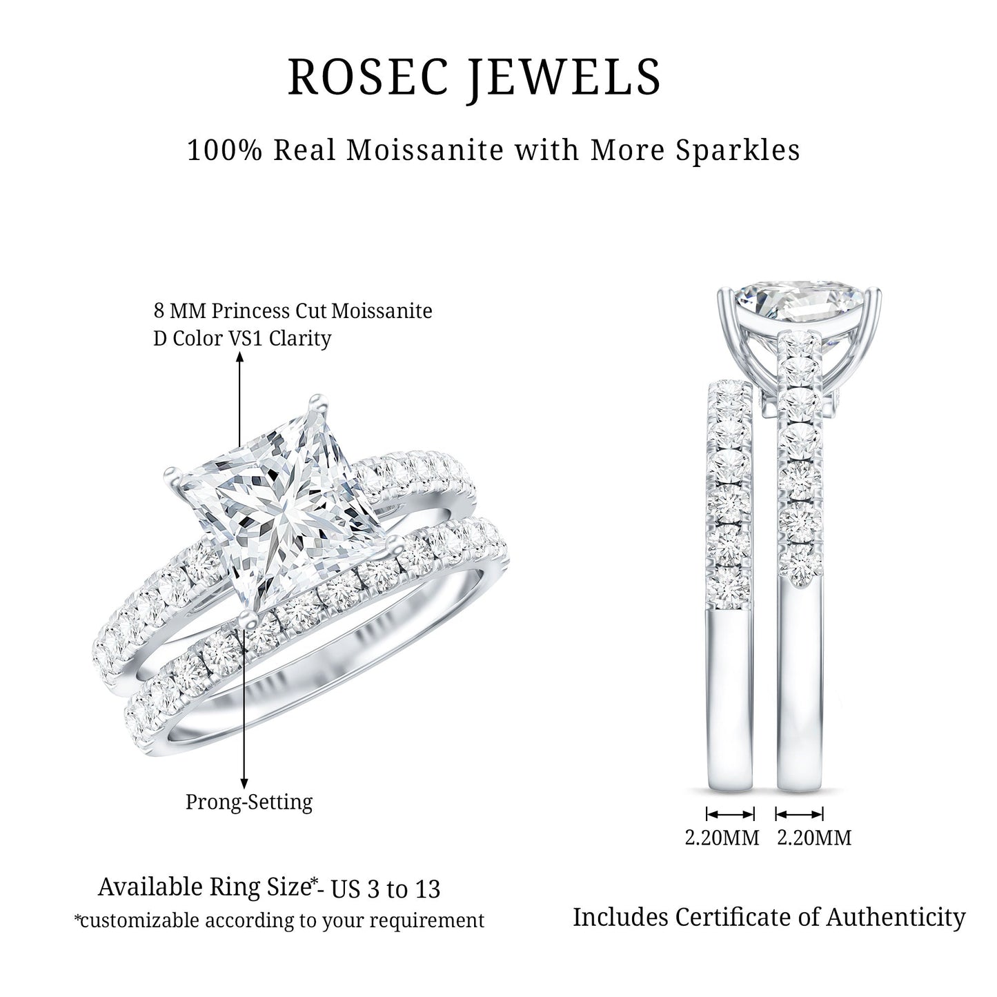 8 MM Certified Moissanite Princess Cut Engagement Ring With Wedding Band