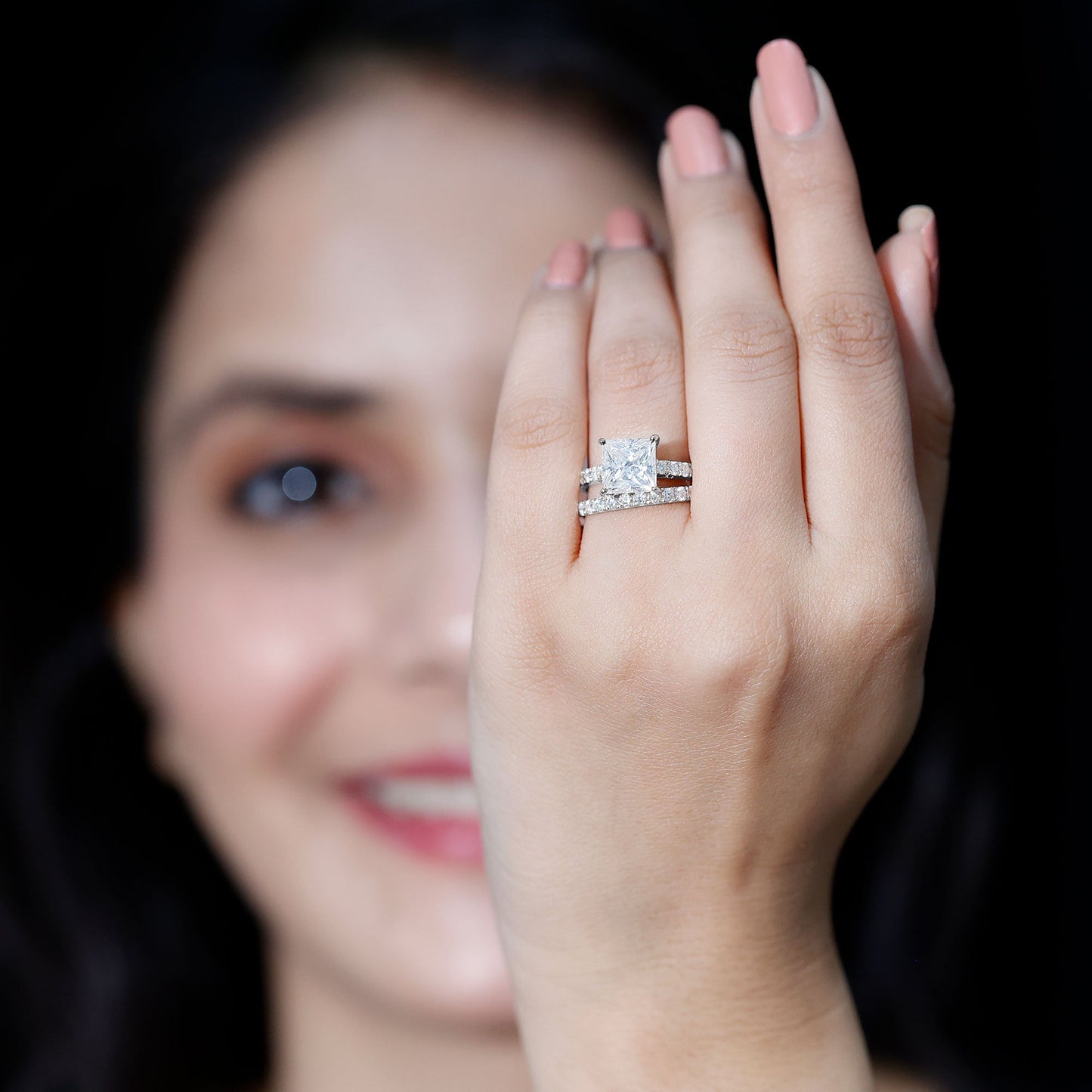 8 MM Certified Moissanite Princess Cut Engagement Ring With Wedding Band
