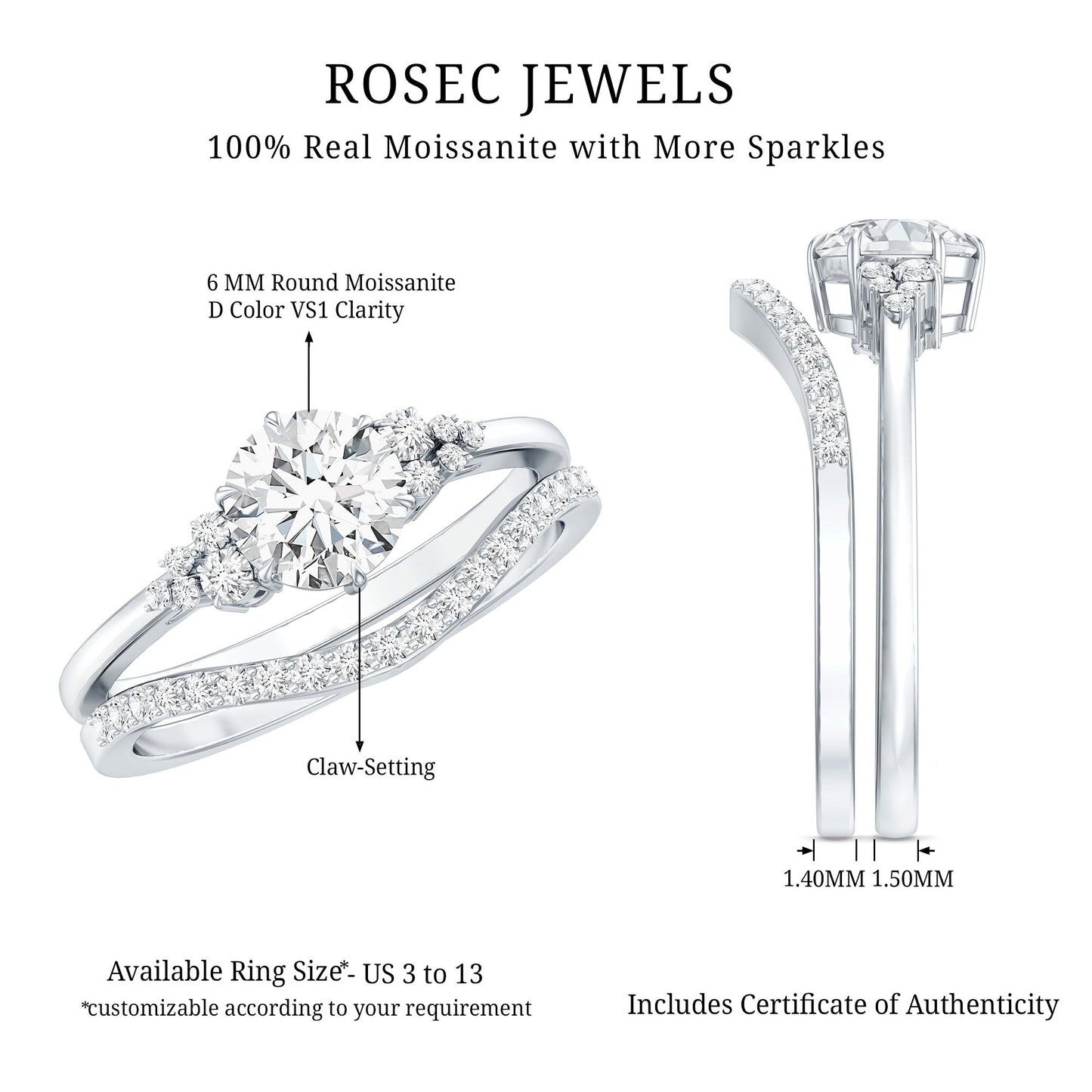 6 MM Round Cut Moissanite Wedding Ring Set For Bride