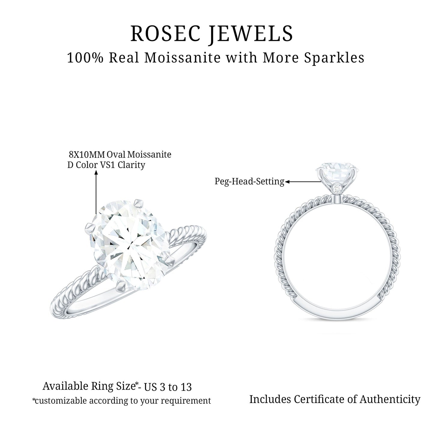 Oval Shape Moissanite Solitaire Engagement Ring with Twisted Rope