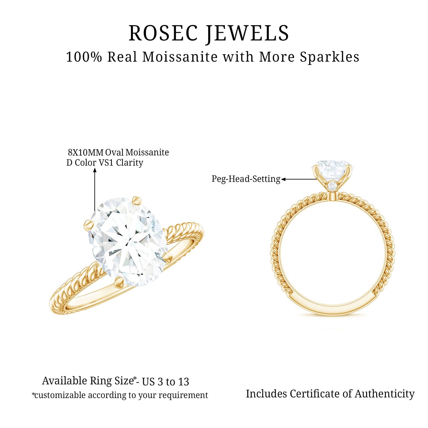 Oval Shape Moissanite Solitaire Engagement Ring with Twisted Rope