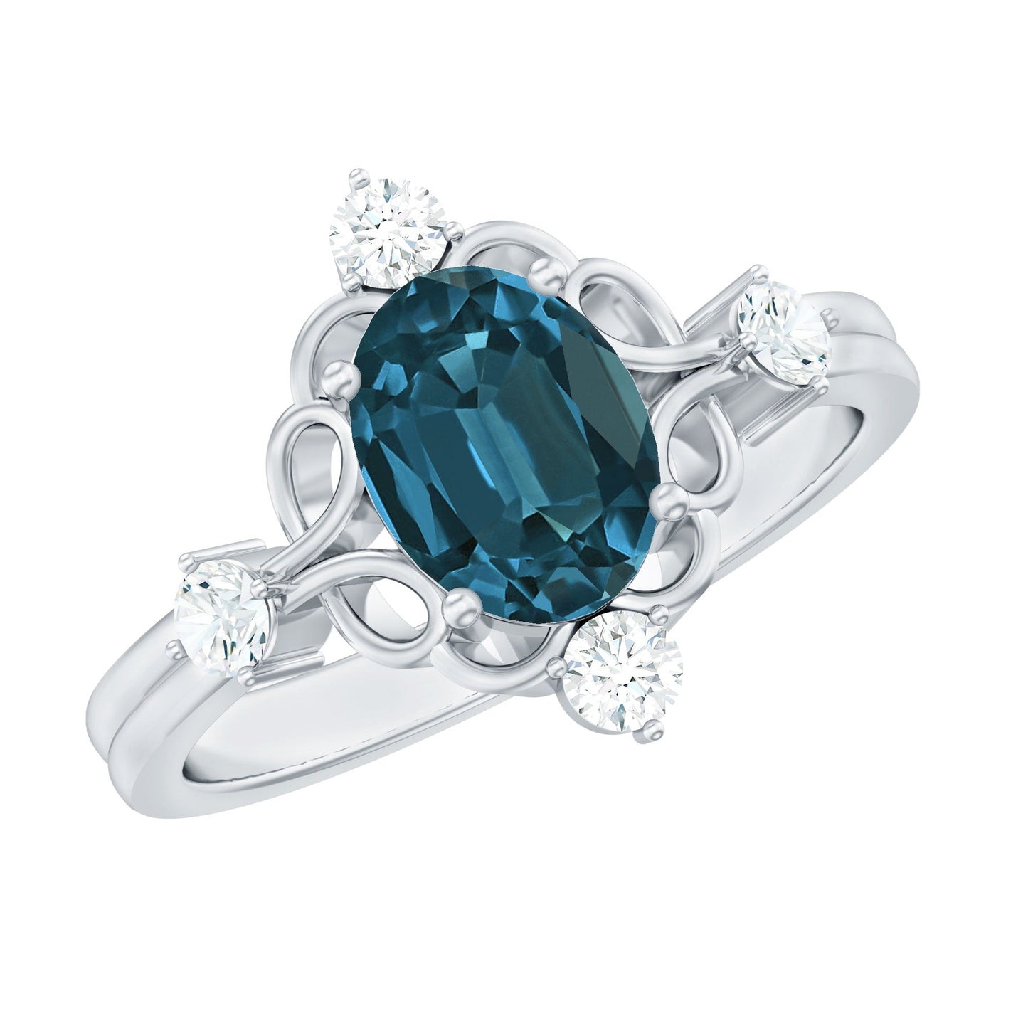 Art Deco Inspired Blue Topaz Oval Engagement Ring with Diamond