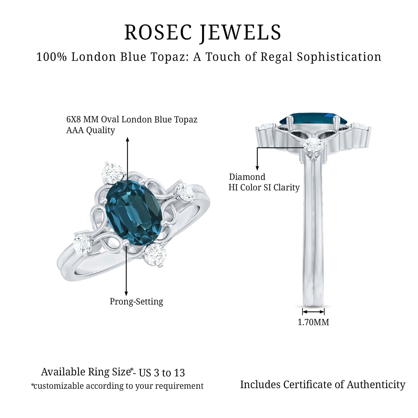 Art Deco Inspired Blue Topaz Oval Engagement Ring with Diamond