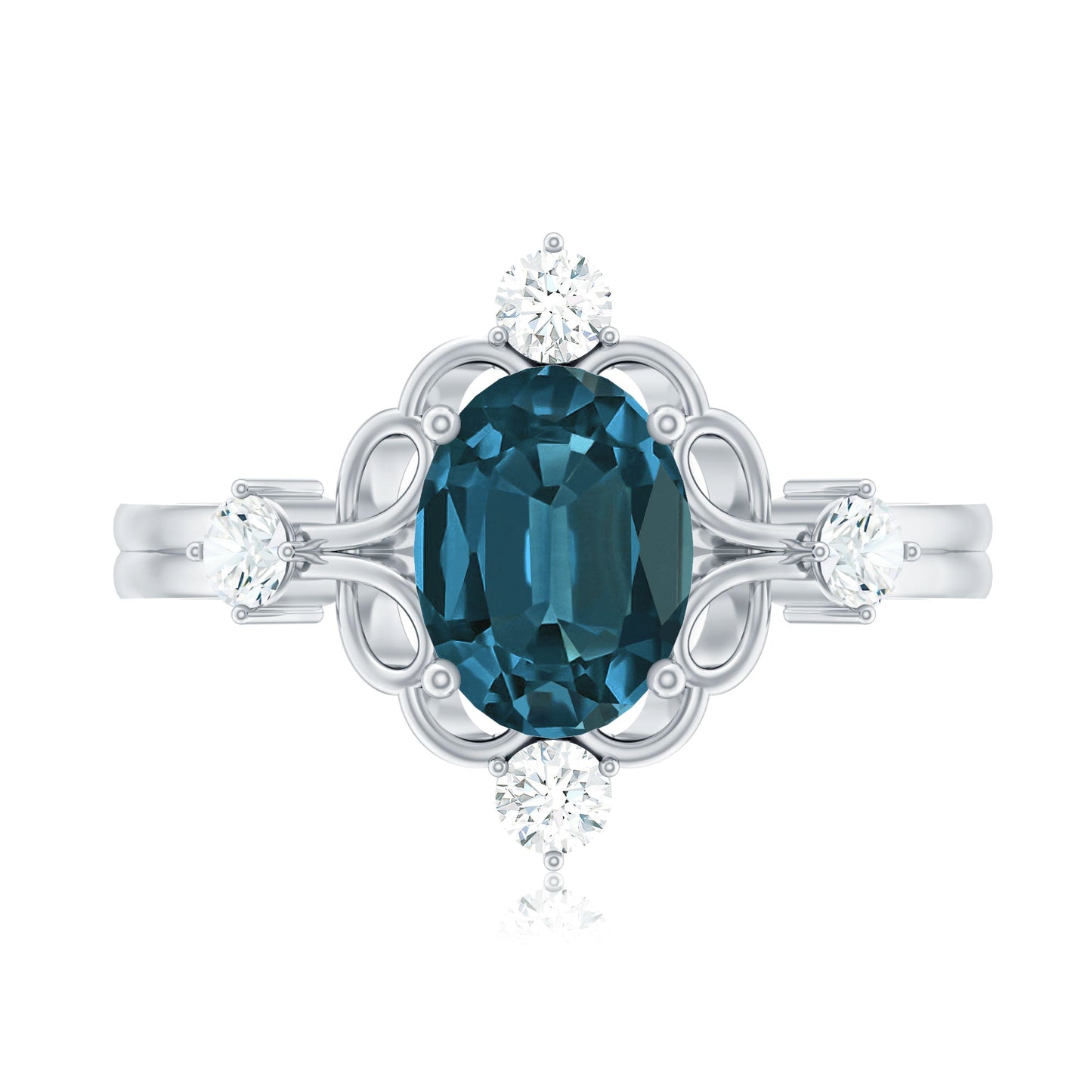 Art Deco Inspired Blue Topaz Oval Engagement Ring with Diamond