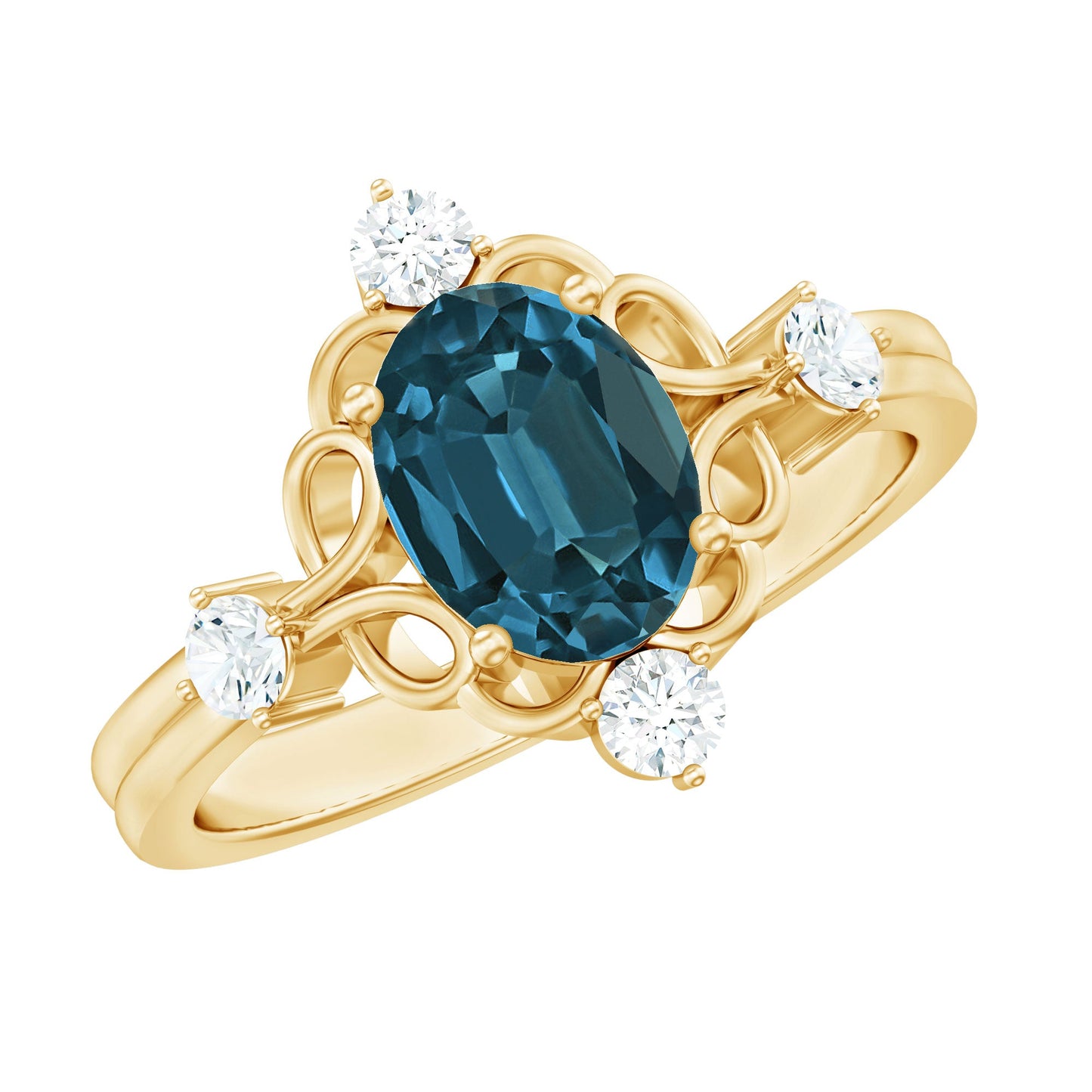 Art Deco Inspired Blue Topaz Oval Engagement Ring with Diamond