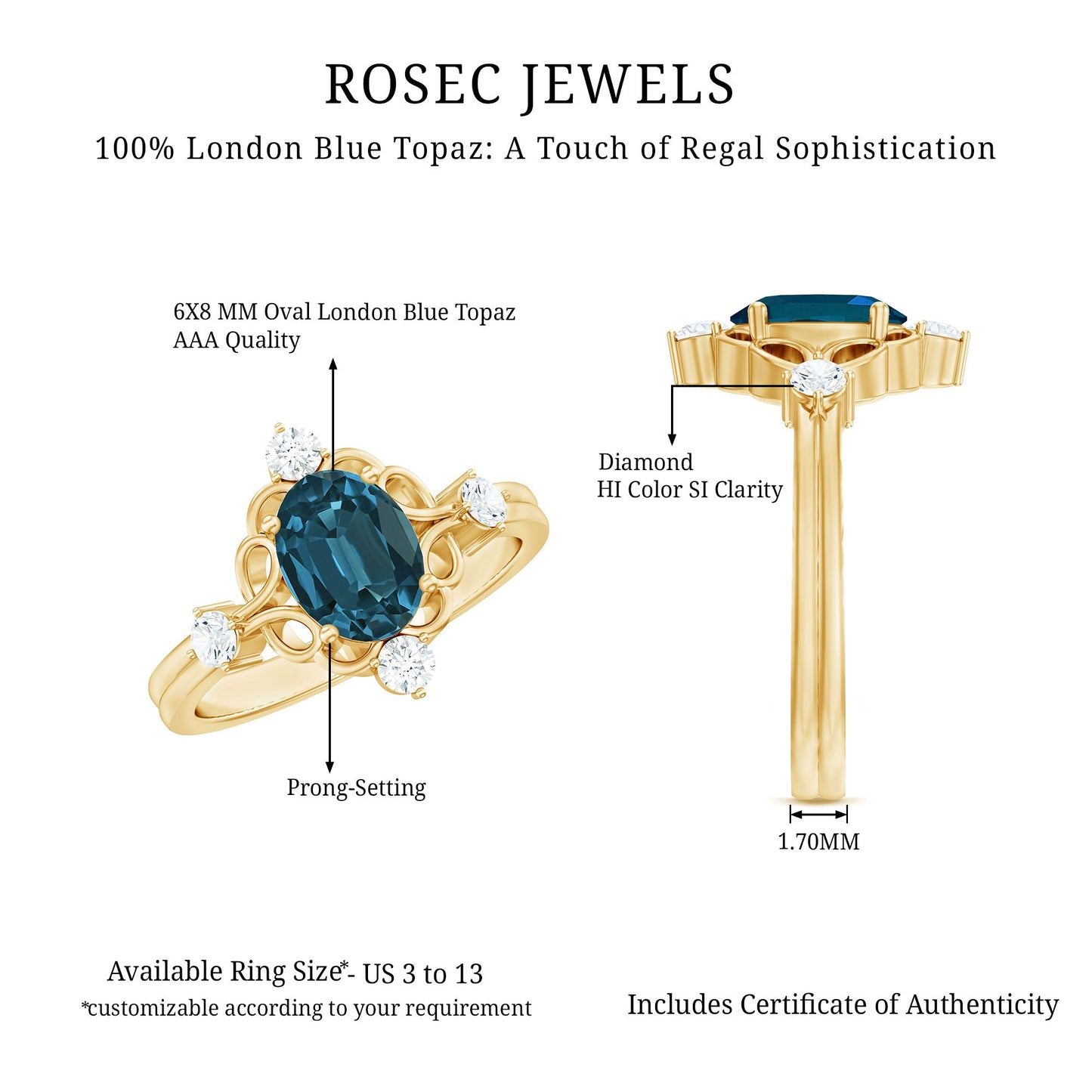 Art Deco Inspired Blue Topaz Oval Engagement Ring with Diamond