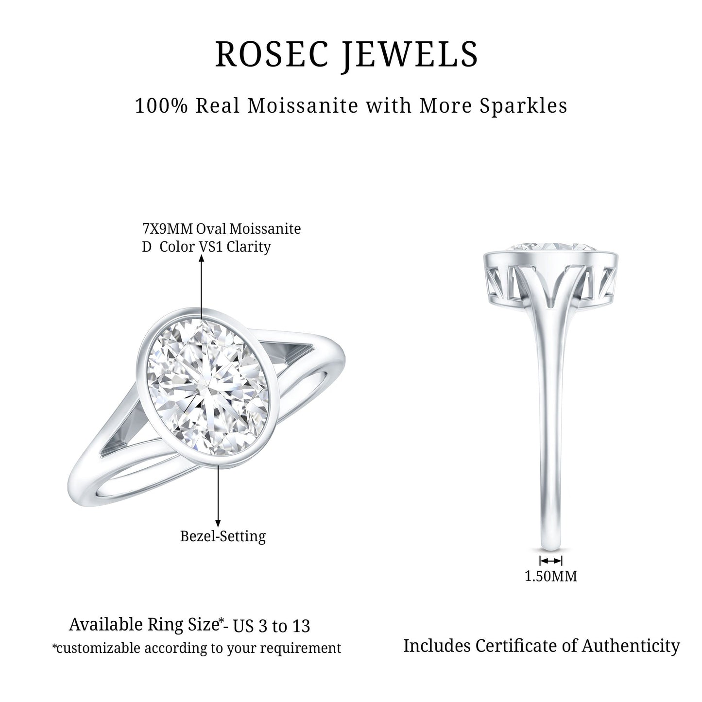 Certified 7X9 MM Oval Moissanite Solitaire Engagement Ring