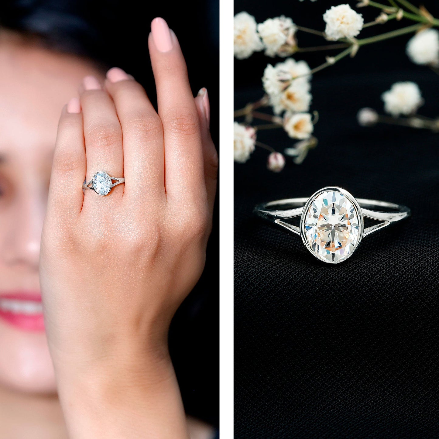 Certified 7X9 MM Oval Moissanite Solitaire Engagement Ring
