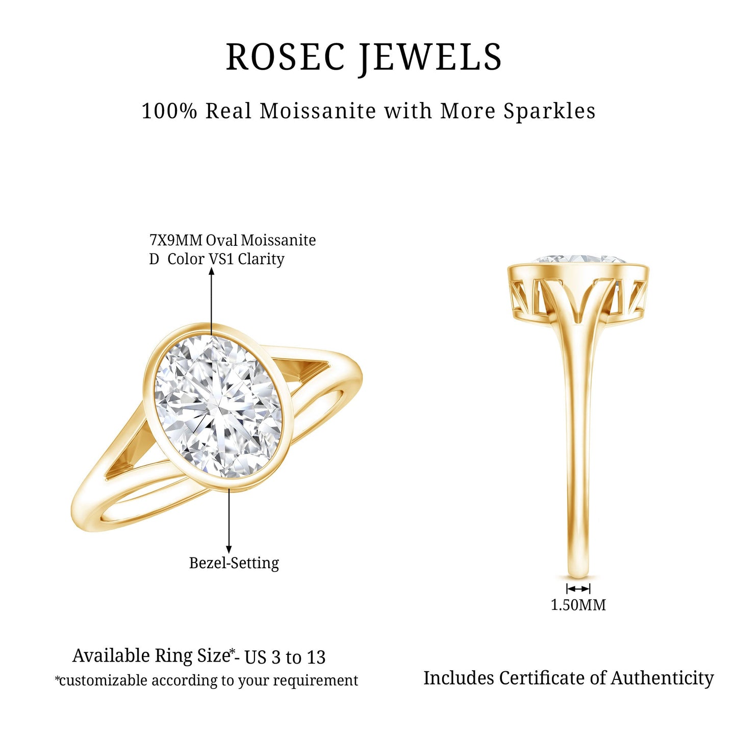 Certified 7X9 MM Oval Moissanite Solitaire Engagement Ring