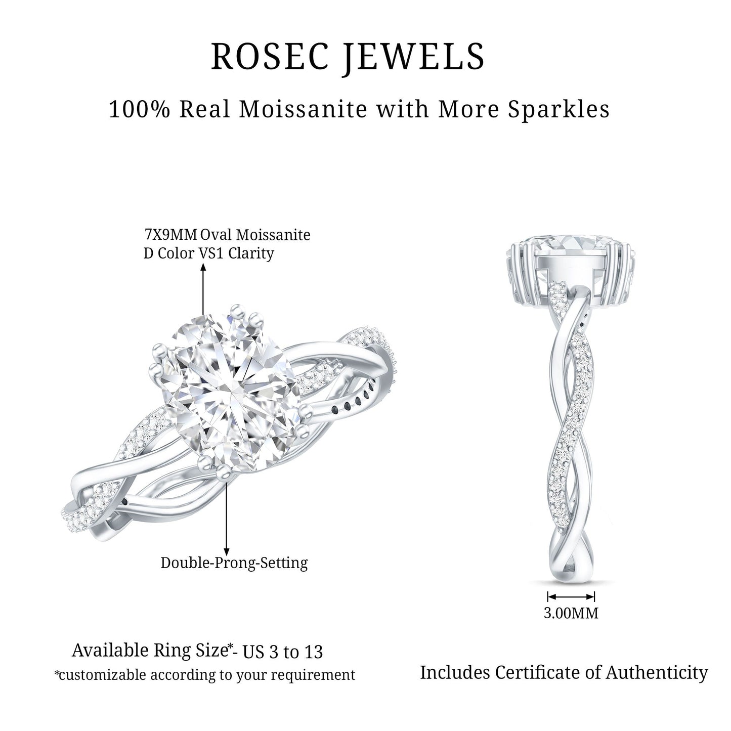 7X9 MM Certified Moissanite Oval Engagement Ring with Double Prong