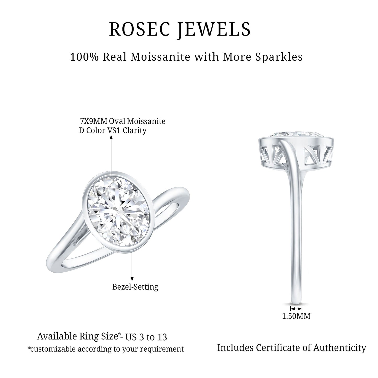Solitaire 7X9 MM Moissanite Oval Engagement Ring with Bypass Shank