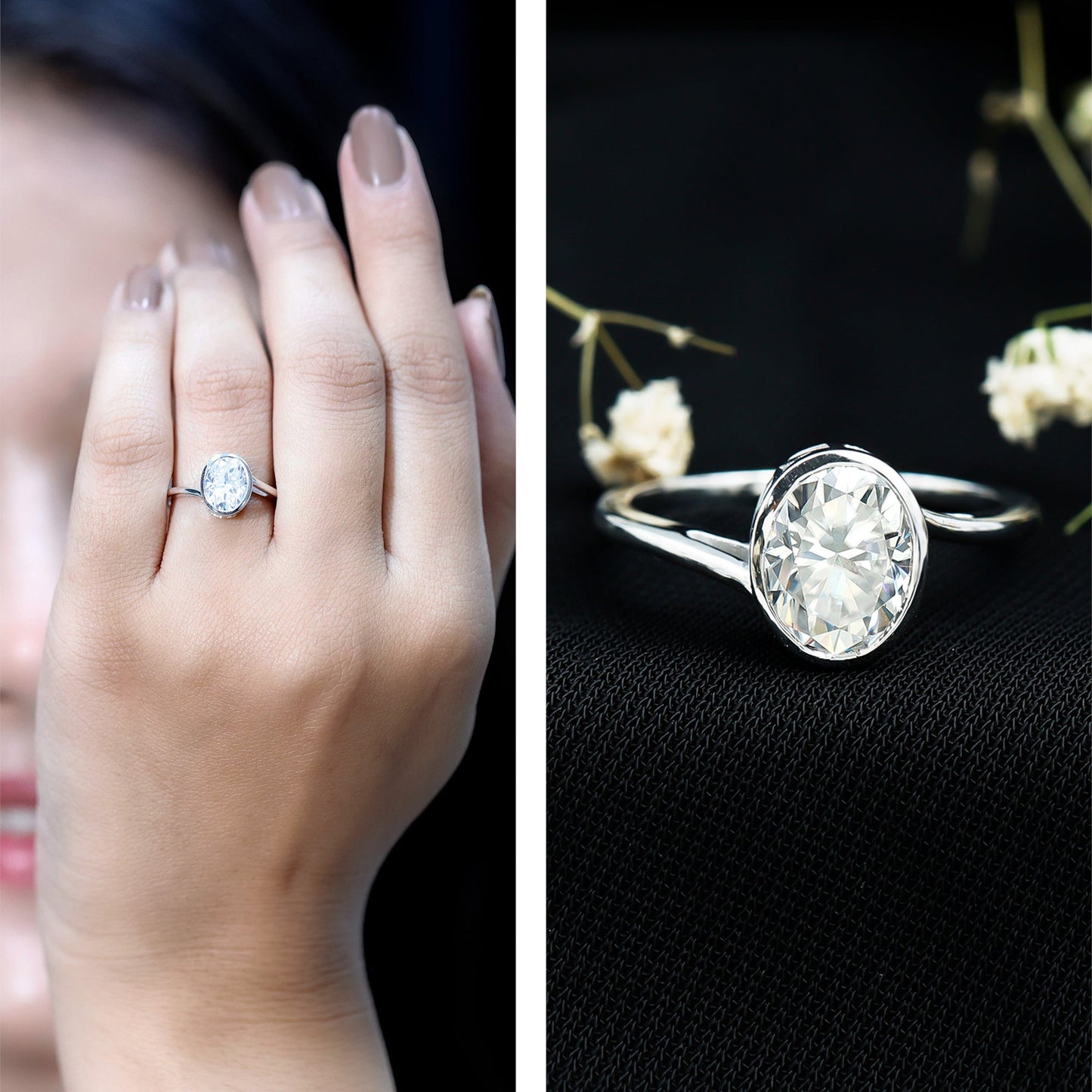 Solitaire 7X9 MM Moissanite Oval Engagement Ring with Bypass Shank