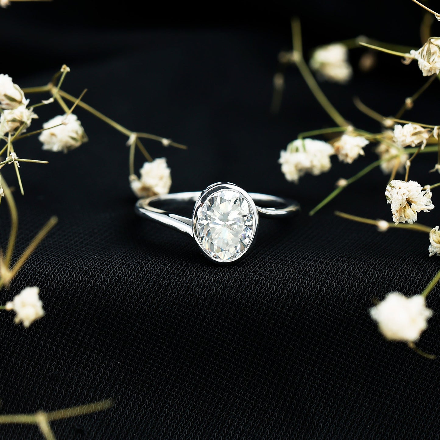 Solitaire 7X9 MM Moissanite Oval Engagement Ring with Bypass Shank